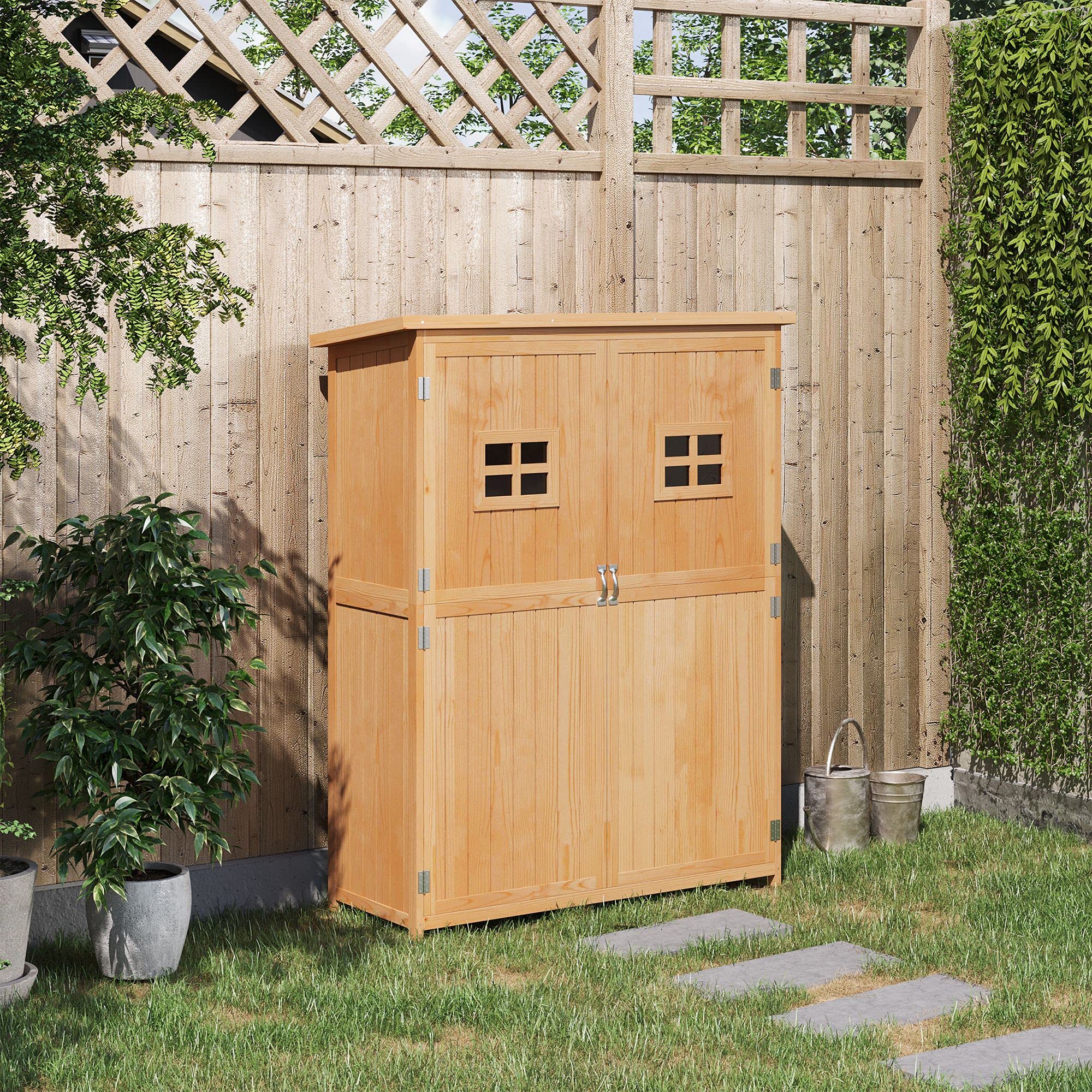 Outsunny Casetta da Giardino in Legno di Abete con Porta Doppia, Capanno Attrezzi con Mensole e Finestre, 127.5x50x164cm