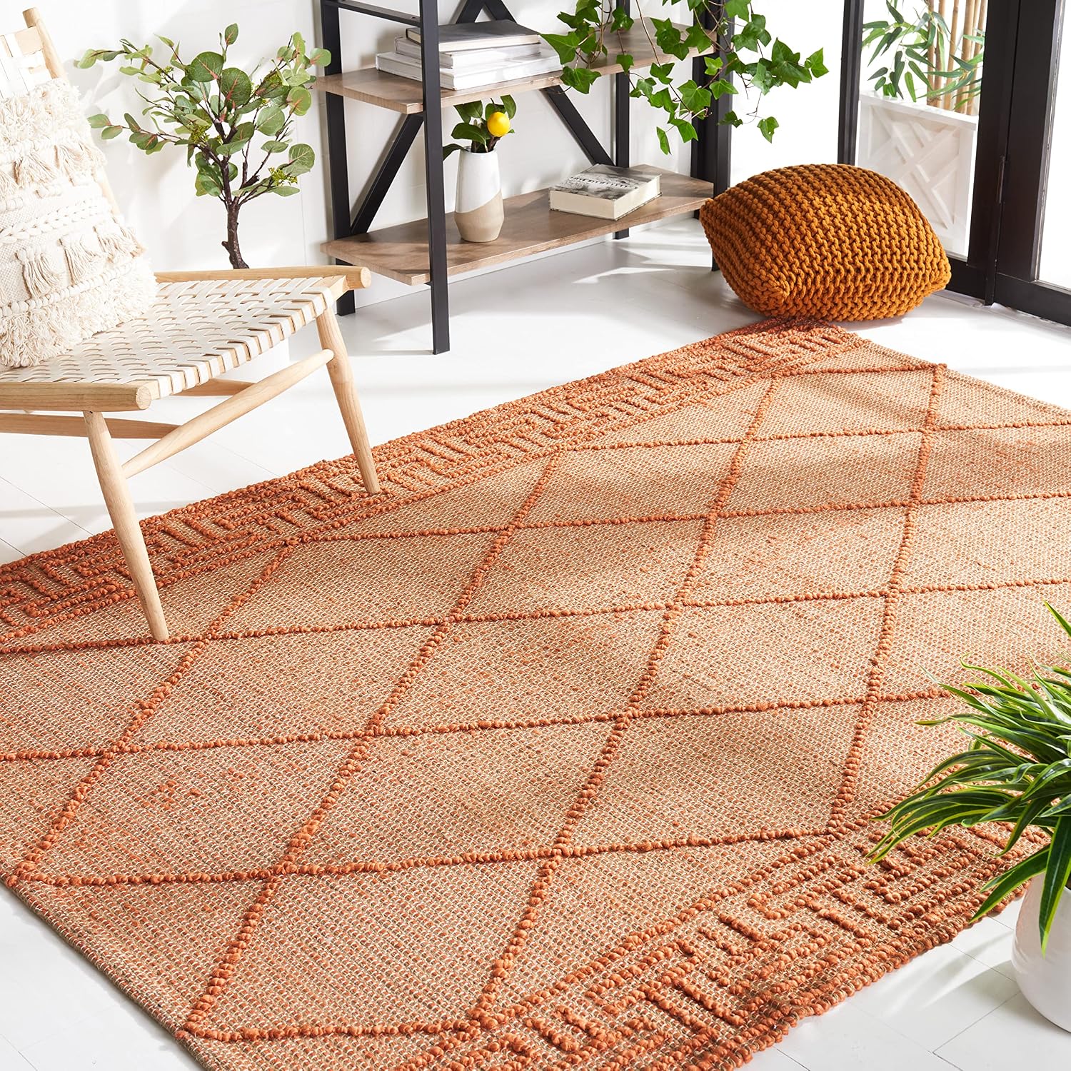 SAFAVIEH Natural Fiber Collection Accent Rug - 3' x 5', Orange & Natural, Handmade Flat Weave Boho Moroccan Farmhouse Trellis Jute, Ideal for High Traffic Areas in Foyer, Living Room, Bedroom (NF220P)