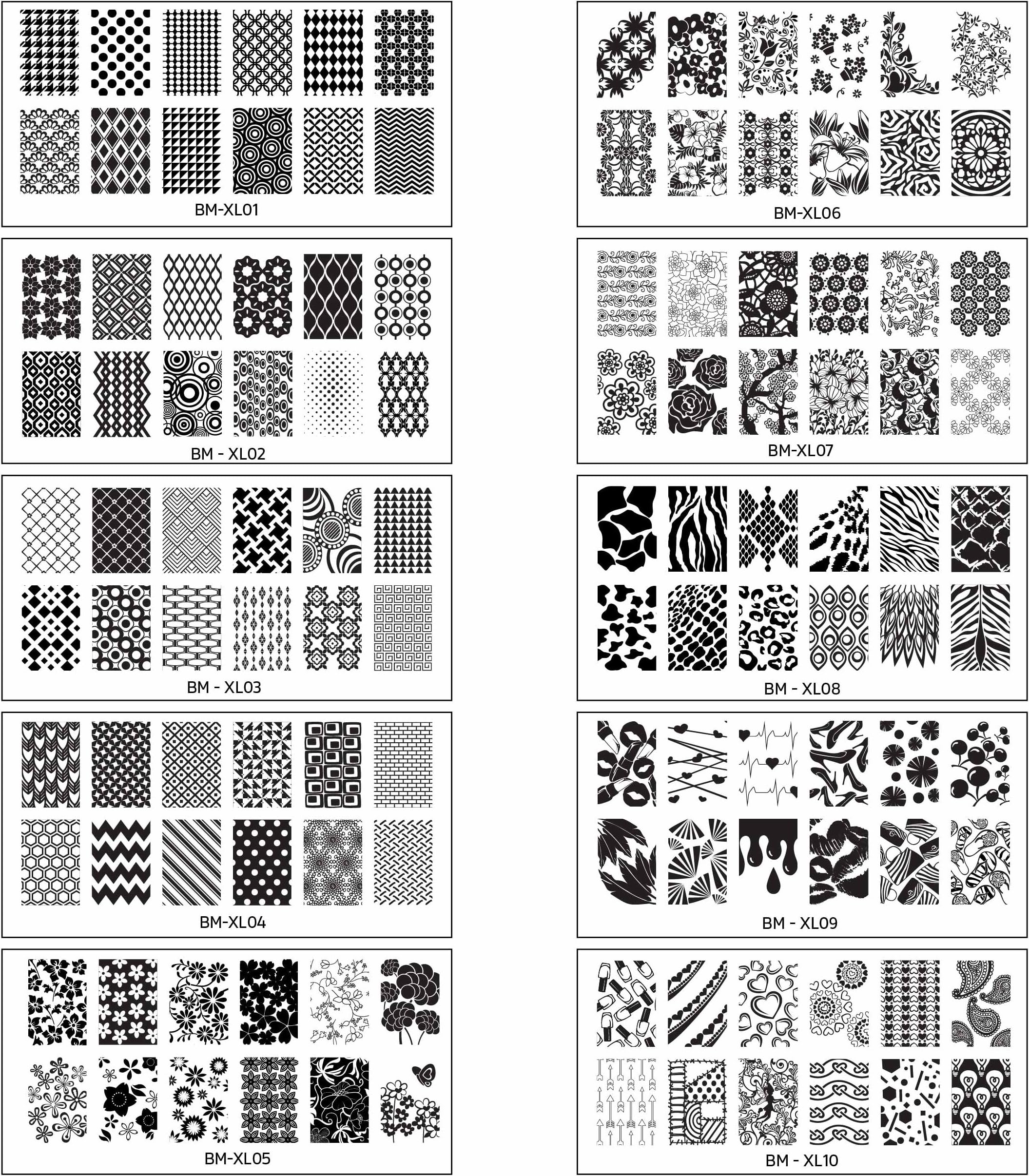 Bundle Monster 10pc Extra Large Full Nail Art Retangular Shape XL Stamping Plates, Set 1: 1-10