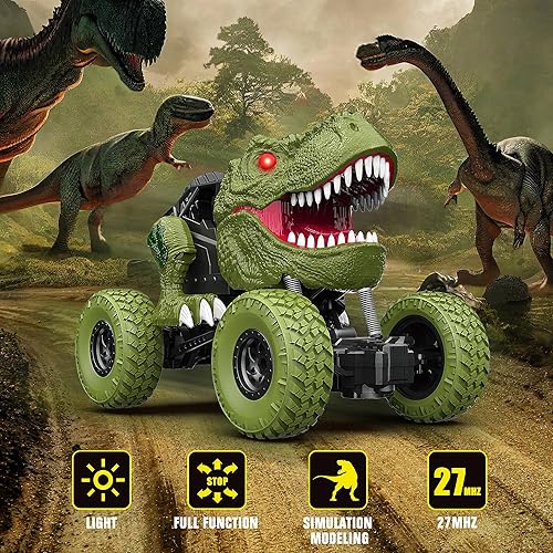 Miniatura 2 de Auto de dinosaurio a control remoto para niños y niños, camión de dinosaurio de control remoto todo terreno de 2.4Ghz con luz, recargable 4WD