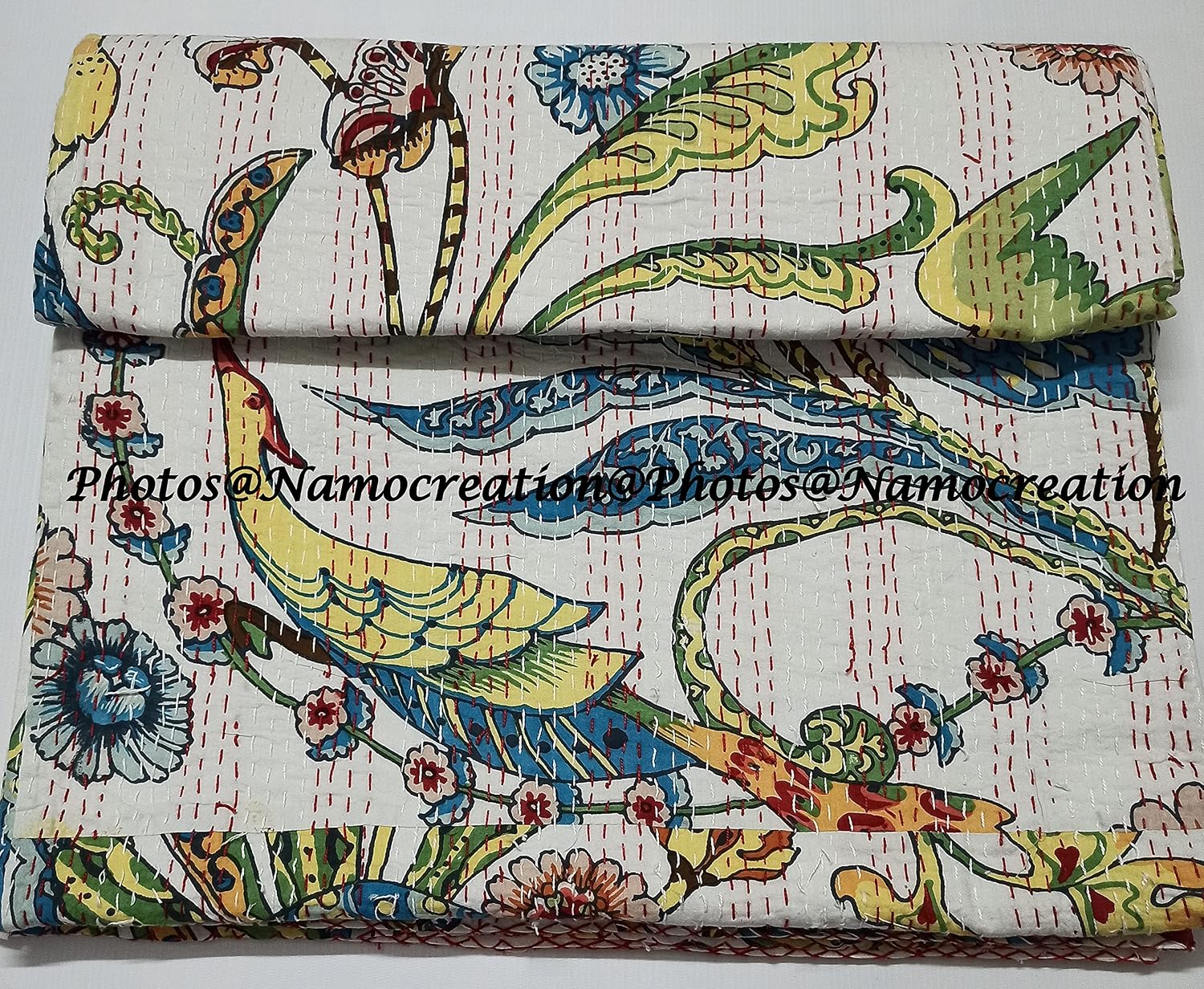 Red Indian 100% Cotton Peacock Animal Print Kantha Home Decor Handmade Quilt Handblock Sofa Cover Bohemian Bedspread bedcover Throw Blanket California King/Queen/Twin Size (60X90 Inches)