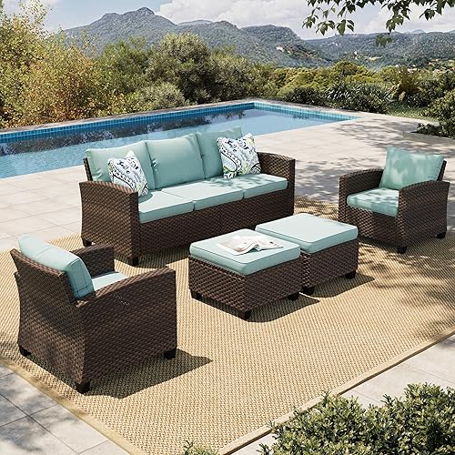 HERA'S HOUSE Wicker Patio Furniture Set, 5 Pieces Outdoor Furniture Set, Deep Seating Patio Conversation Sofa Sets for Lawn Deck Backyard, Blue