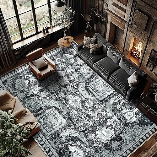 9x12 ft Washable Area Rug, Non-Slip, Black & White Boho Design for Living Room, 