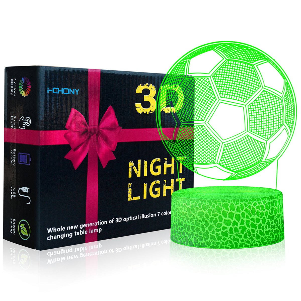 Image of i-CHONY Soccer Gifts Night Light for Kids,Soccer 3D Illusion Lamp 16 Colors Dimmable Bedroom Decor Bedside Lamp,with Remote & Smart Touch,Birthday Xmas Idea Gift for Boys Girls Kids