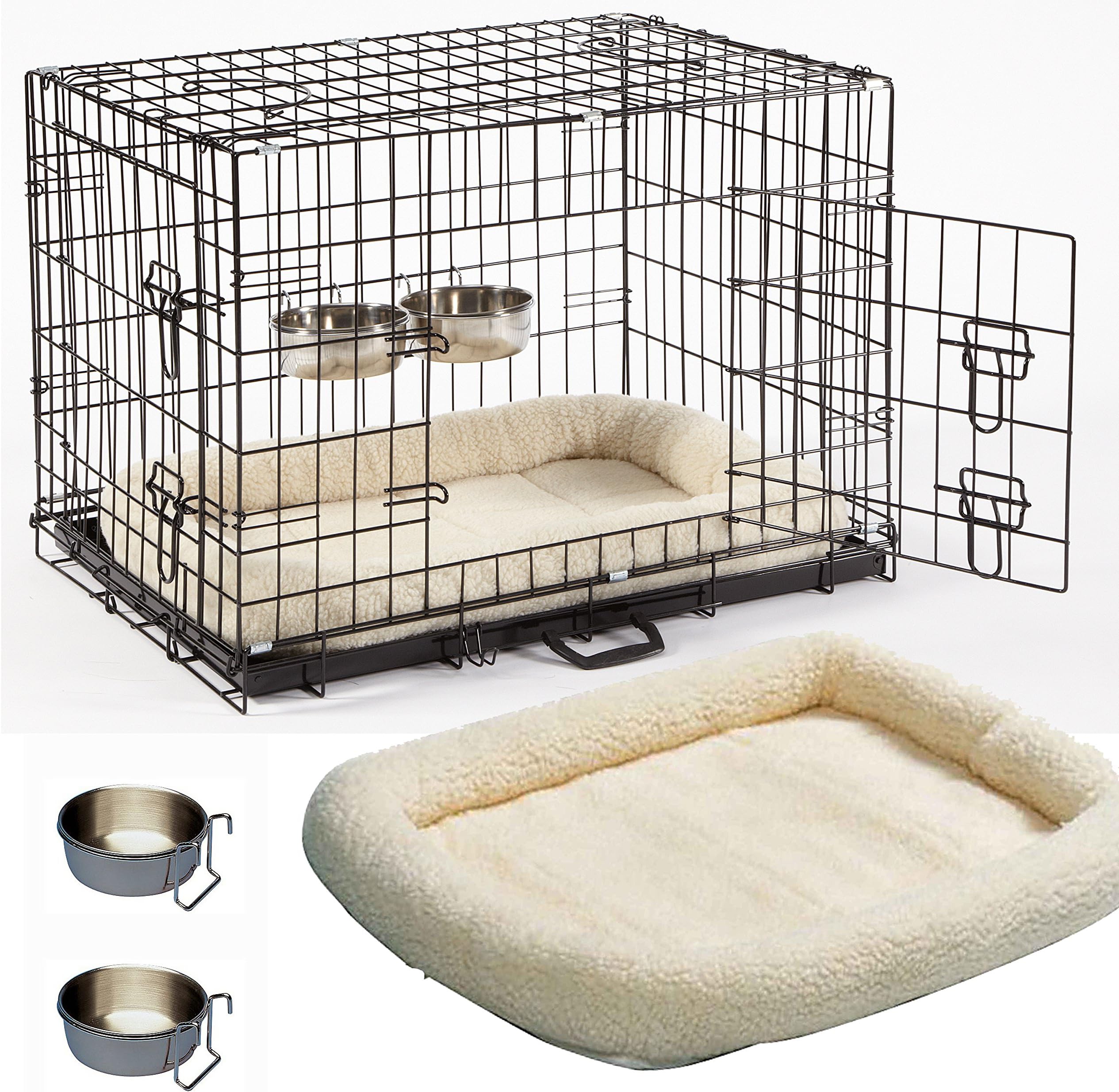 UKPET Pro Dog Crate Cage Small 24" Puppy & Dog Cage With Bed & Two Crate Bowls Faux Sheepskin Crate Bed Metal Folding Training Cage With Metal Tray (Design 5 Comfort Plus Cage, Size 1-24" Small)