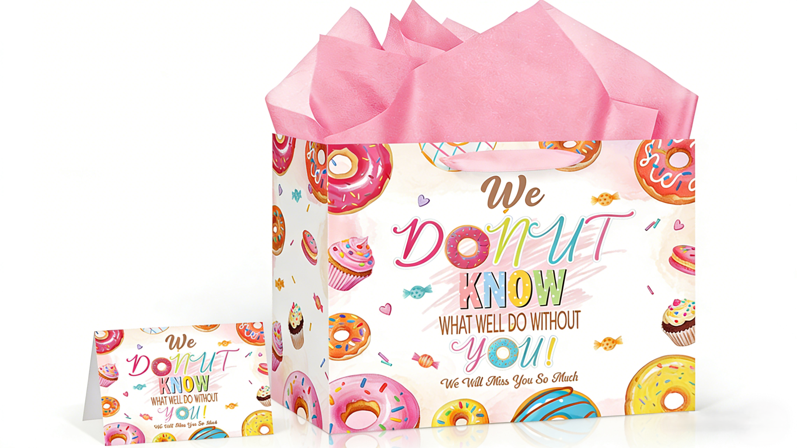 Donut Retirement Gift Bag Pink Retirement Wrap Bag with Tissue Paper Greeting Card Retirement Moving Away Goodbye Party Favors for Women Coworker Friends Farewell Going Away Graduation Party Supplies