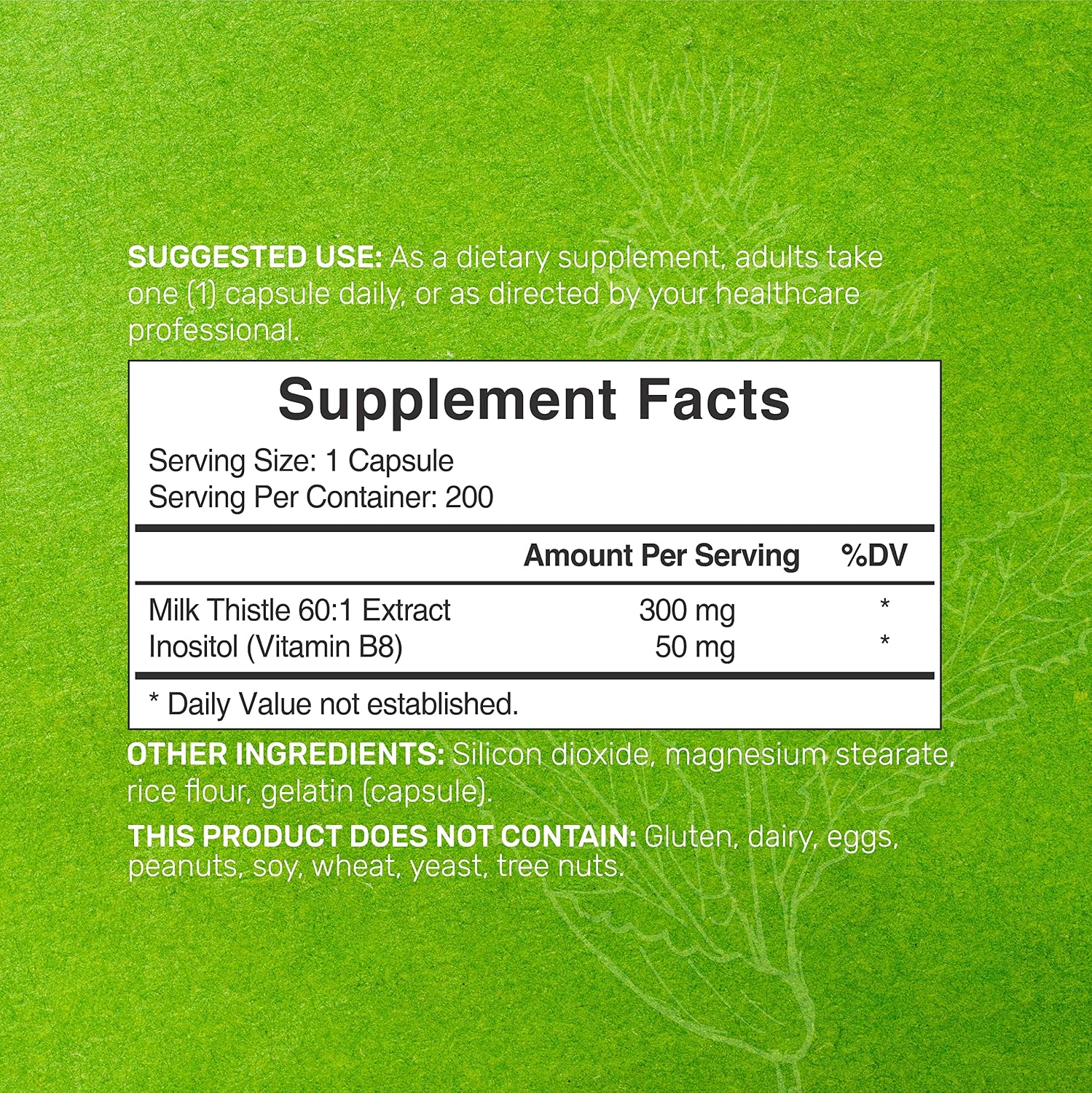 Milk Thistle Capsules - Milk Thistle Extract with Inositol, 2-1 Formula, 200 Capsules, Milk Thistle 300mg, 60:1 Equivalent to 18,000mg Silymarin Marianum, Support Liver Cleanse & Detox