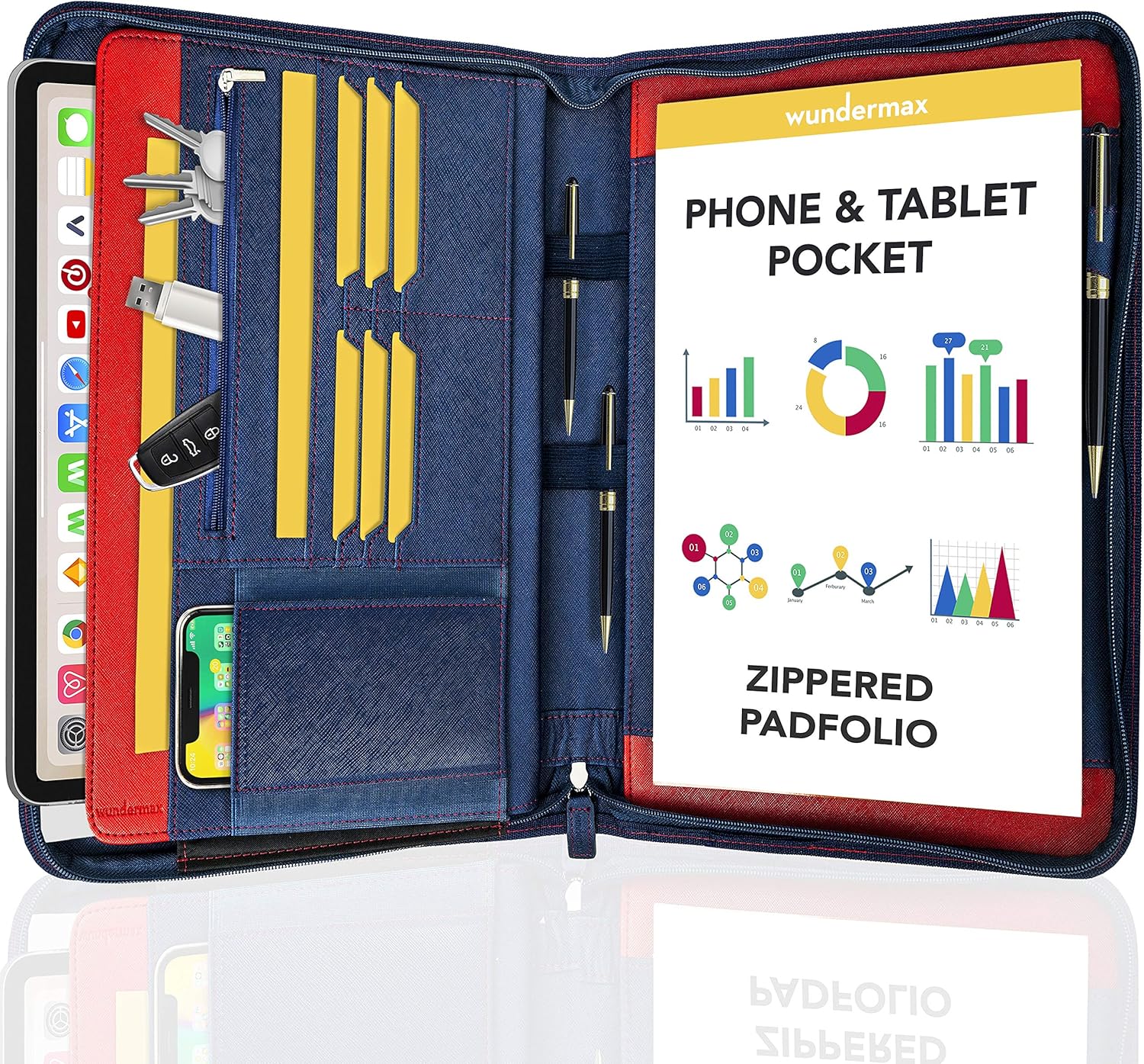 Wundermax Vegan PU Leather Padfolio - Business Notebook Organizer w/Zipper for Resume, Work & Notes - Padfolio for Men & Women w/Notepad and 10" iPad/Tablet Pocket, Blue : Office Products