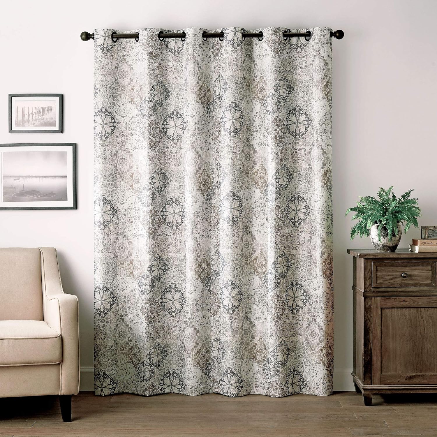 Eclipse Martina Medallion Blackout Thermal Insulated Grommet Top Curtains for Bedroom, Single Panel, 40" x 108", Taupe