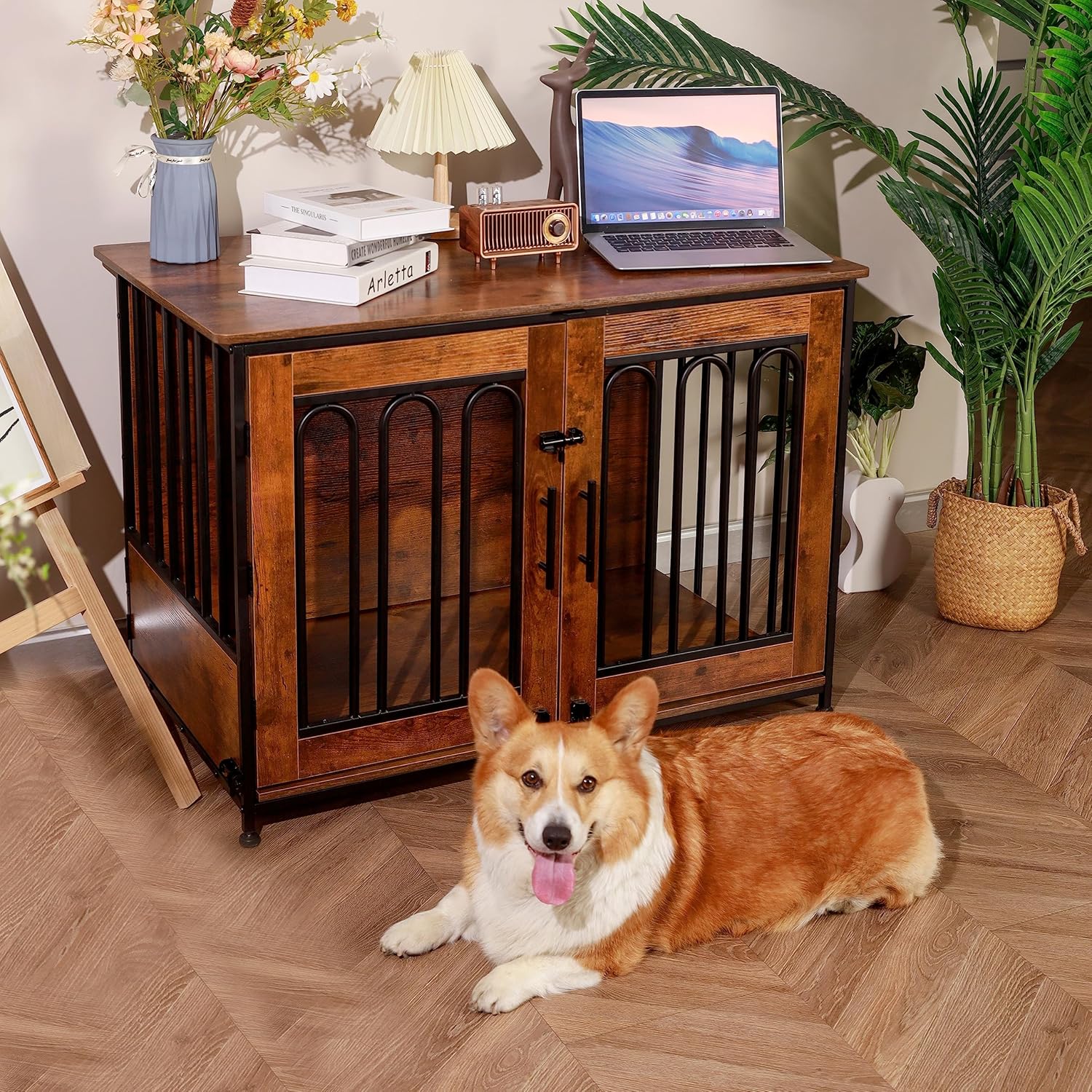 Dog Crate Furniture, 39.37" Double Doors Wooden Dog Kennel