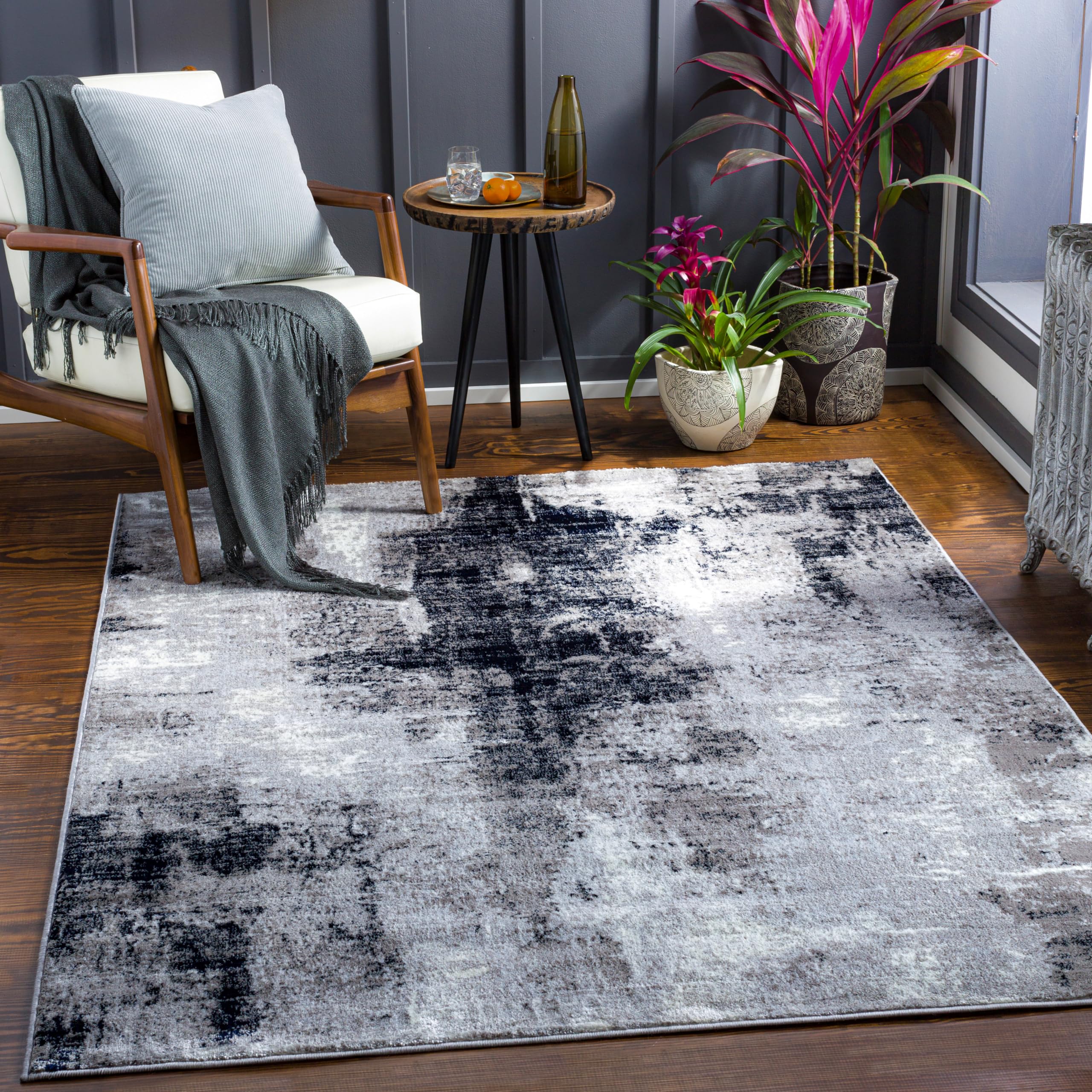 Livabliss Giulia Helsinki Abstract Design – Living Room 160x220 cm, Dining Lounge Kitchen Bedroom Use, Modern Marble Look, Soft Luxurious Medium Pile, Navy Grey White