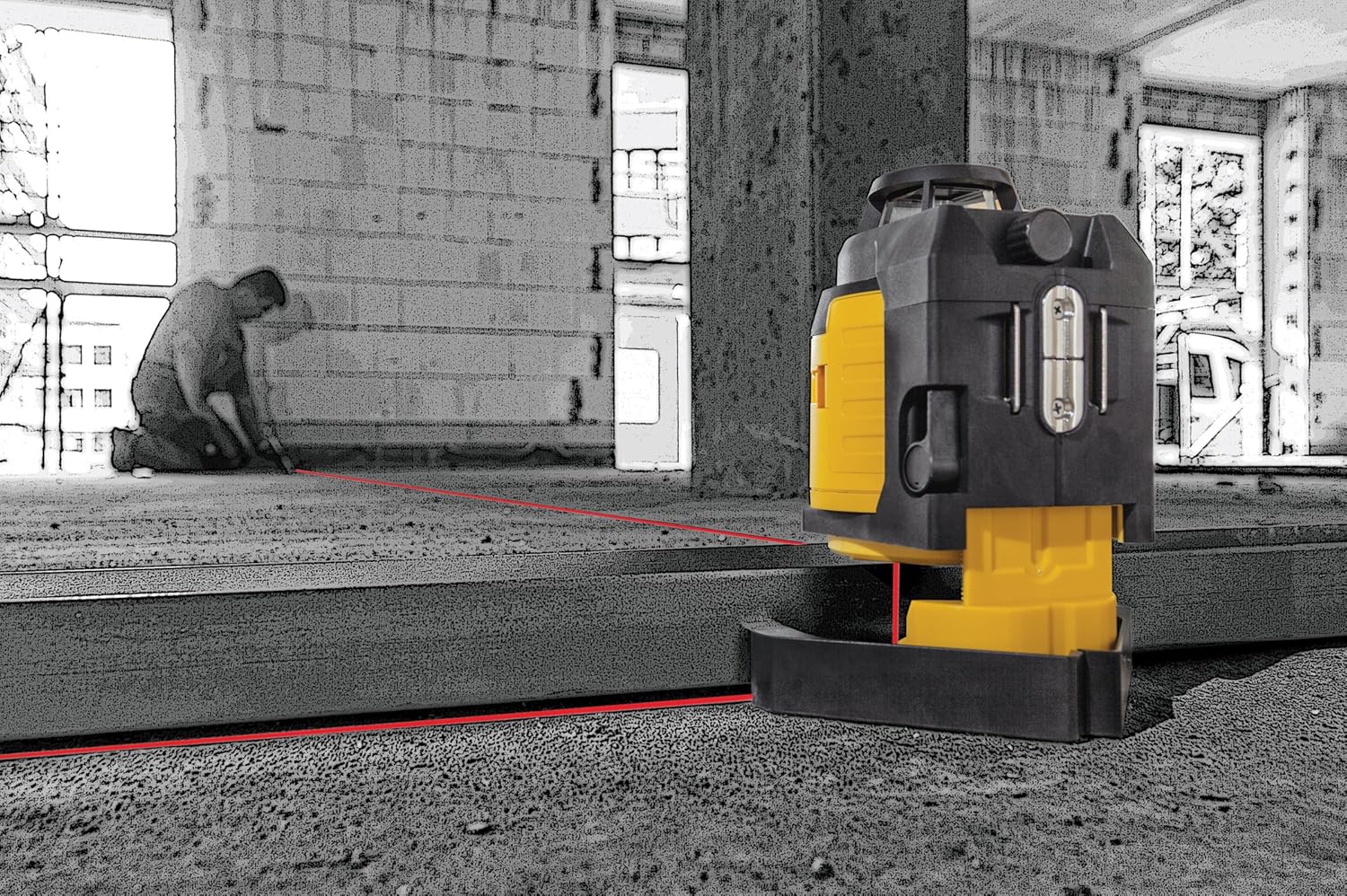 Stabila LAX400 ProLiner Multi-Line Laser projecting a clear red horizontal line across a wall.