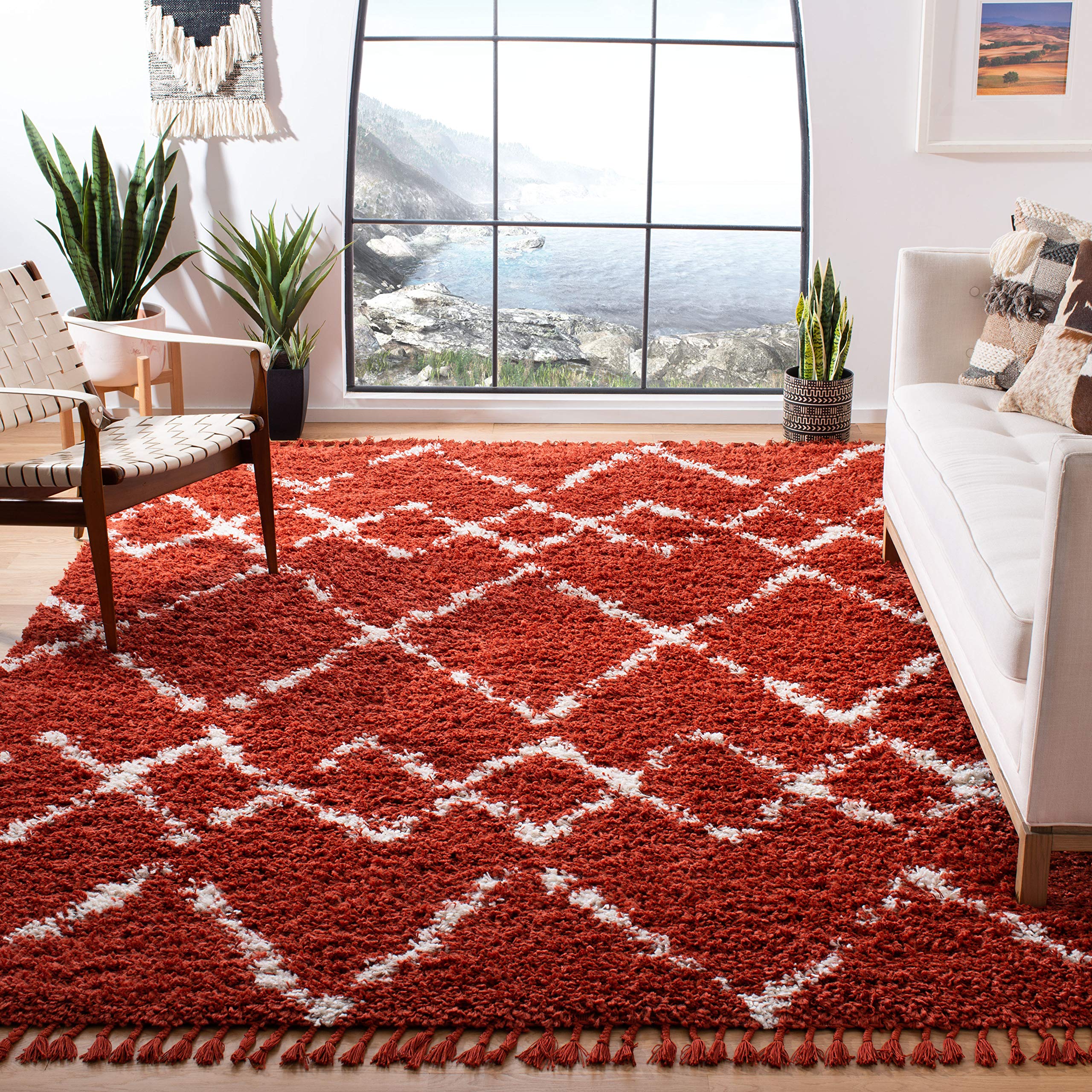 SAFAVIEH Pro Luxe Shag Collection Area Rug - 9' x 12', Rust & Creme, Moroccan Boho Tassel, Non-Shedding & Easy Care, 2.4-inch Thick Ideal for High