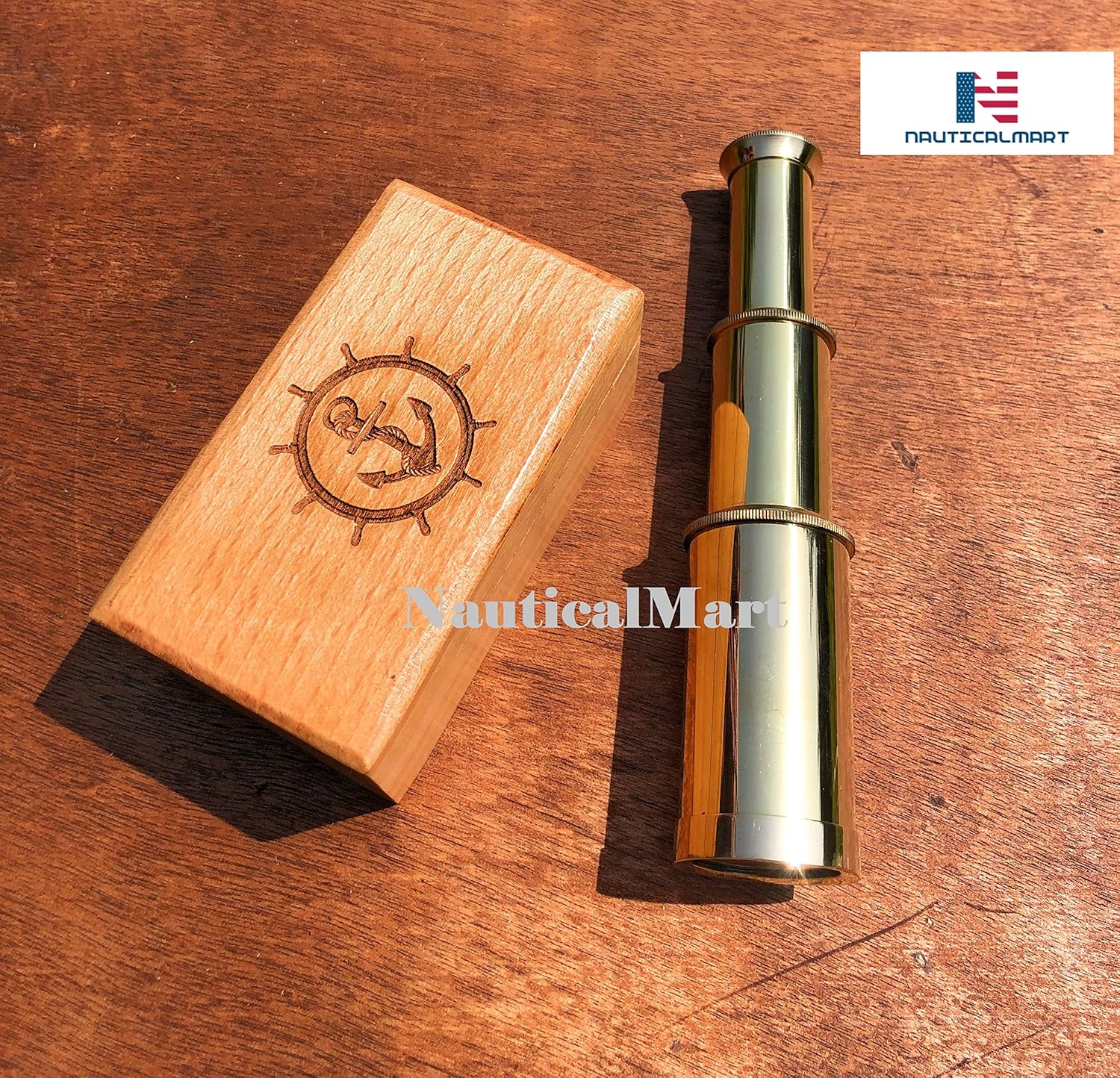 Brass Telescope Pirate Spyglass with Personalized Wooden Box 6 Inch Handheld Nautical Sailor Gift (Engraved Sign 1)
