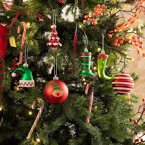 Miniatura 2 de Valery Madelyn Juego de adornos de bola de Navidad, 80 unidades de elfo rojo, verde y blanco, inastillables, variedad de adornos decorativos