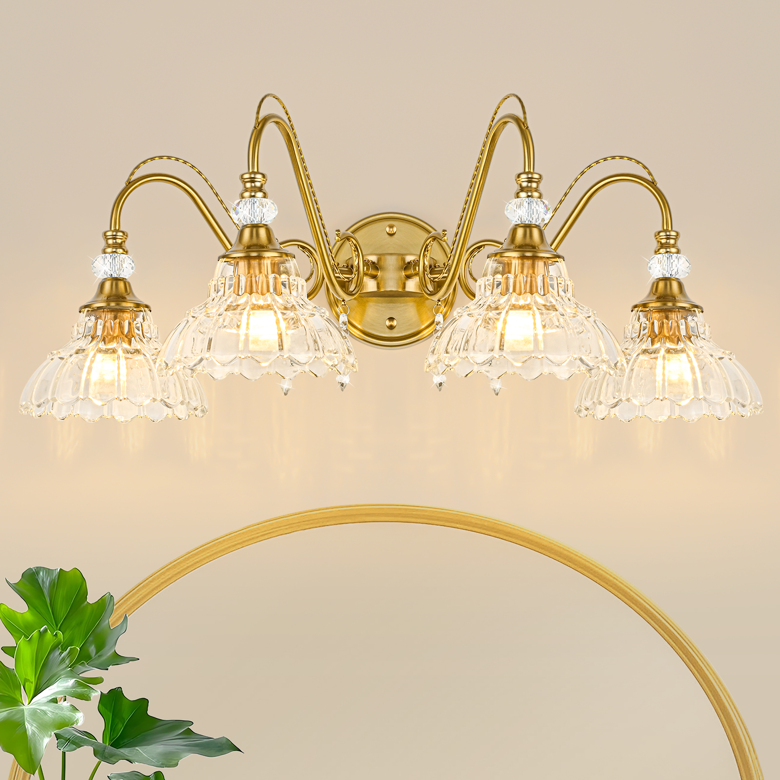 Image of Vintage Bathroom Vanity Light, 4-Light Brushed Gold Finish Wall Sconce with Hanging Crystal Accents and Flower-Shaped Clear Glass Shades, Retro Wall Mount Vanity Light Over Mirror for Bathroom