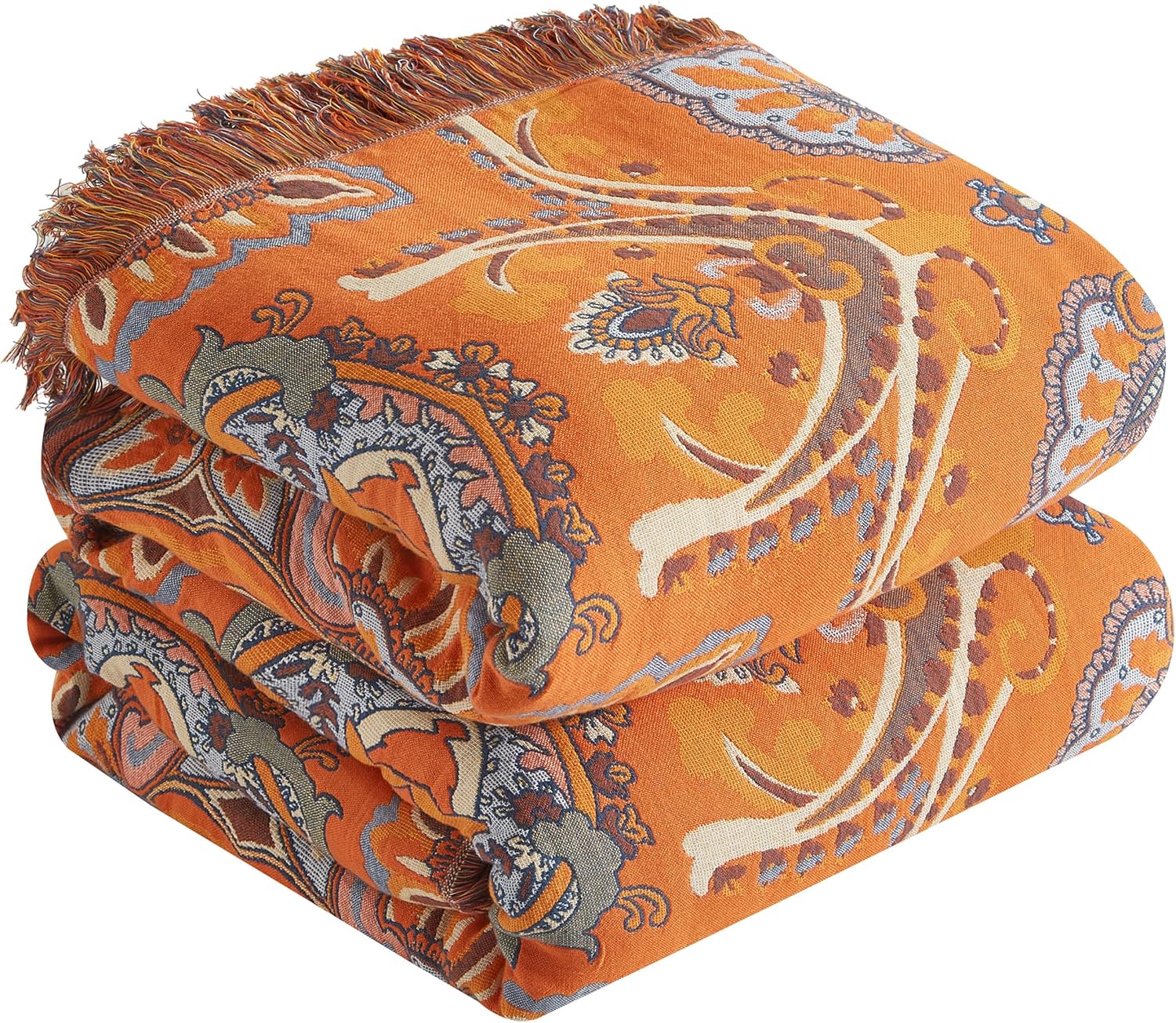 Boho Throw Blanket for Bed 60”x80”, 100% Cotton Woven Blanket for Couch Sofa, Ultra Soft 4-Layer Muslin Quilt with Vintage Floral Printed, Farmhouse Bed Blanket/Cover for Living Room Decor