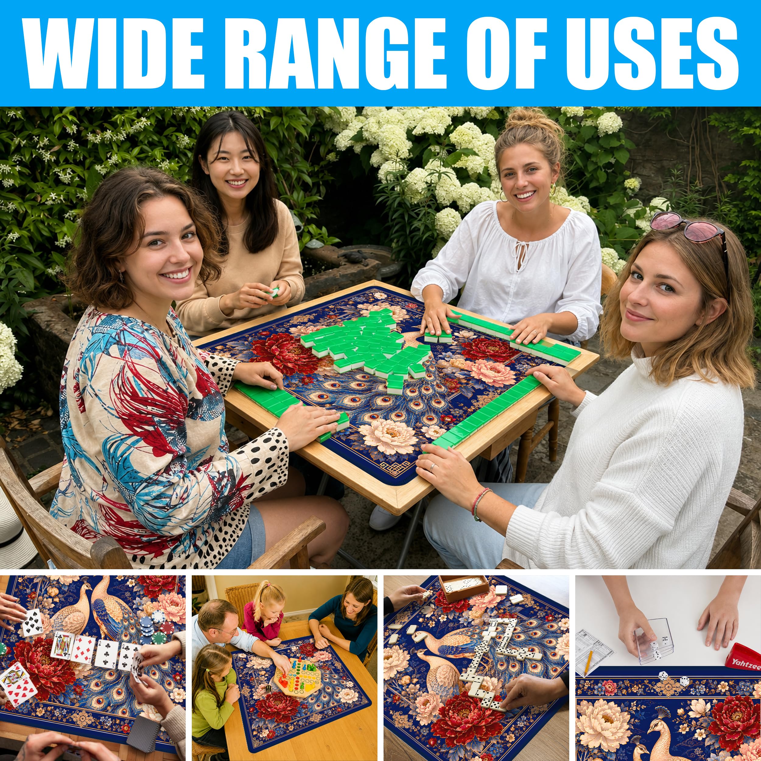SODAVA Peacok Tapis de Mahjong, Chinoiserie Housse de Table de Jeu de Jardin avec Sac de Transport 80cm x 80cm Caoutchouc Anti-dérapant Réduction du Bruit pour Mahjong, Carte, Dominos, Jeux de Société