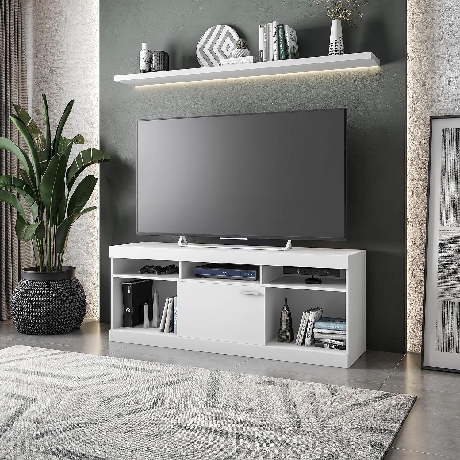 White TV Stand for 65 Inch TV, Entertainment Center with Storage for Living Room or Bedroom with Cabinet and Storage, Television Stand Fits Screens up to 65" When Measured Diagonally