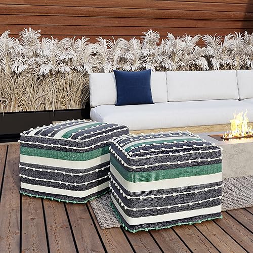 Miniatura 3 de SIMPLIHOME Barker Puf cuadrado bohemio tejido para exteriores e interiores de 18 pulgadas en poliéster PET reciclado azul marino, verde azulado y