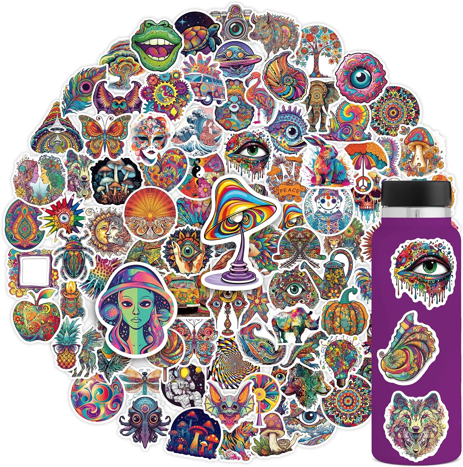 Hippie Stickers 100Pcs Holographic Stickers for Adults,Witchy Stickers Peace Love Stickers Vinyl Waterproof Stickers for HydroFlask Water Bottle Laptop Computer Skateboard MacBook