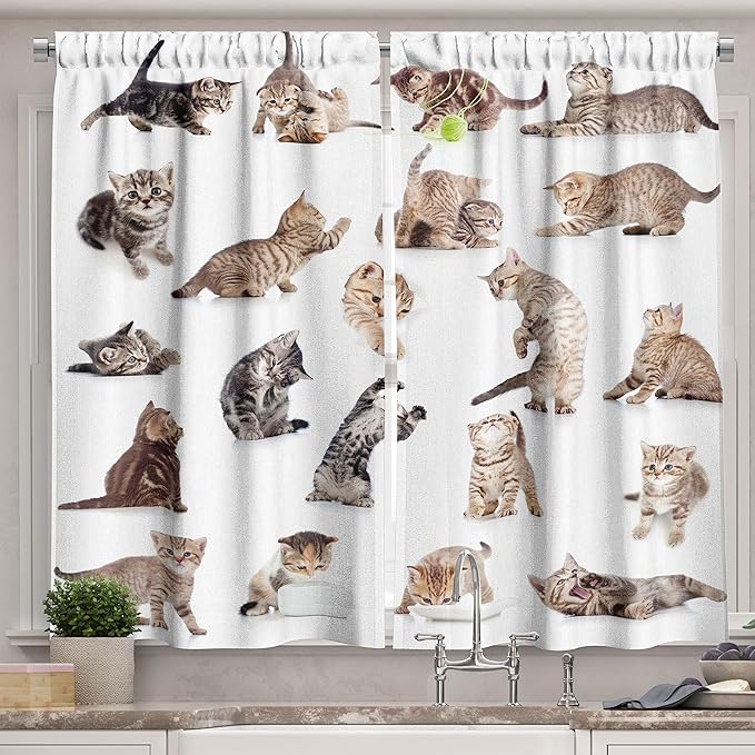 Ambesonne Cat Kitchen Curtains, Illustration of Funny