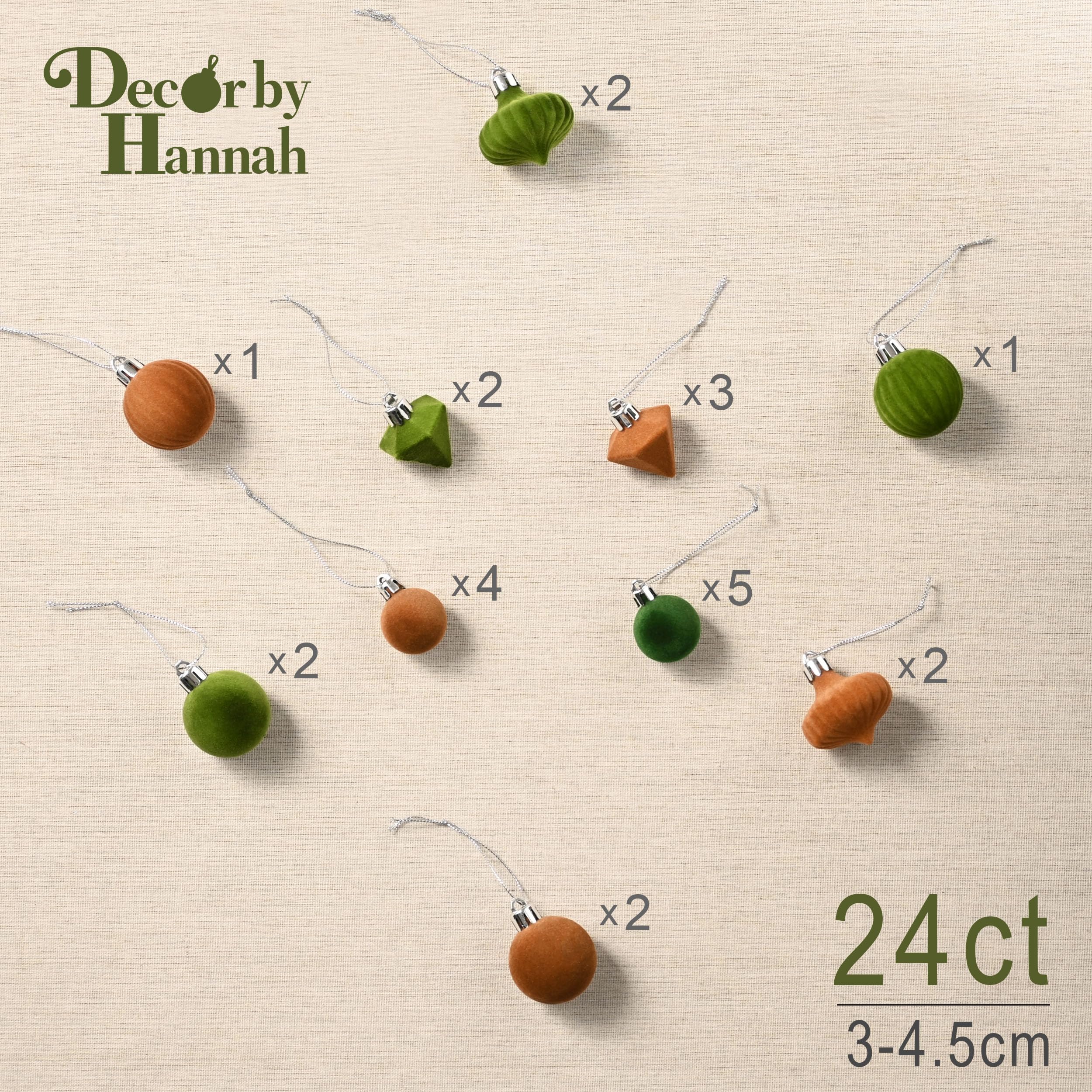 Decorbyhannah Lot de 24 boules de Noël floquées Vert et marron 4 cm