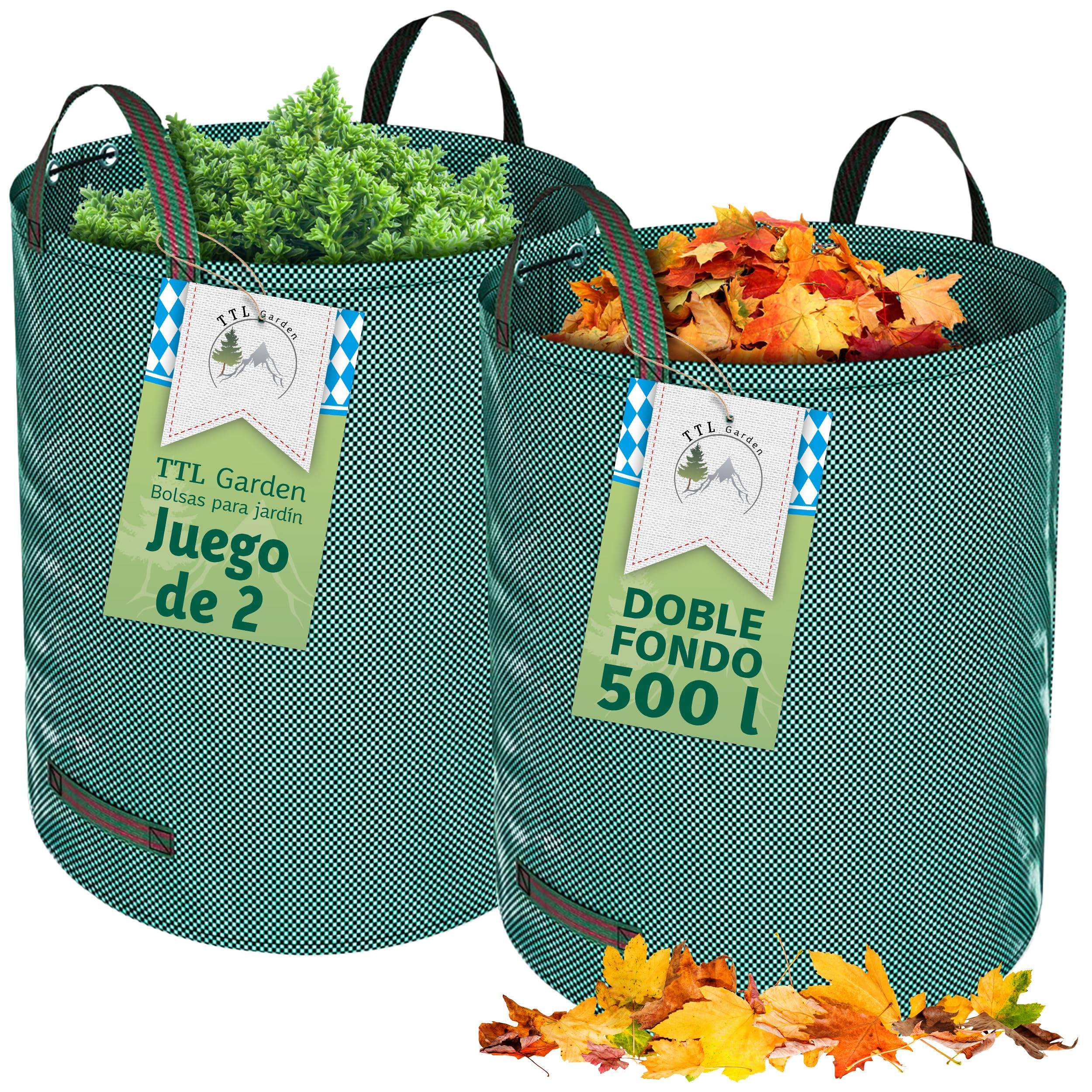 TTL Garden - Bolsas de jardín (500 L, doble fondo extra estable, autoportante, 4 asas de 150 g/m², extra grandes y robustas y plegables, juego de 2 bolsas de jardín, para hierba, hojas,