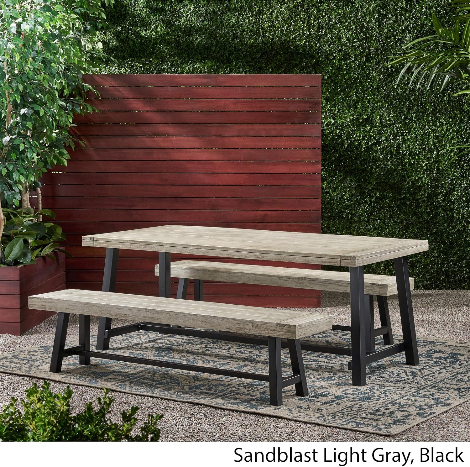 GDF Studio Outdoor Acacia Wood Picnic Dining Set, Sandblast Light Gray and Black