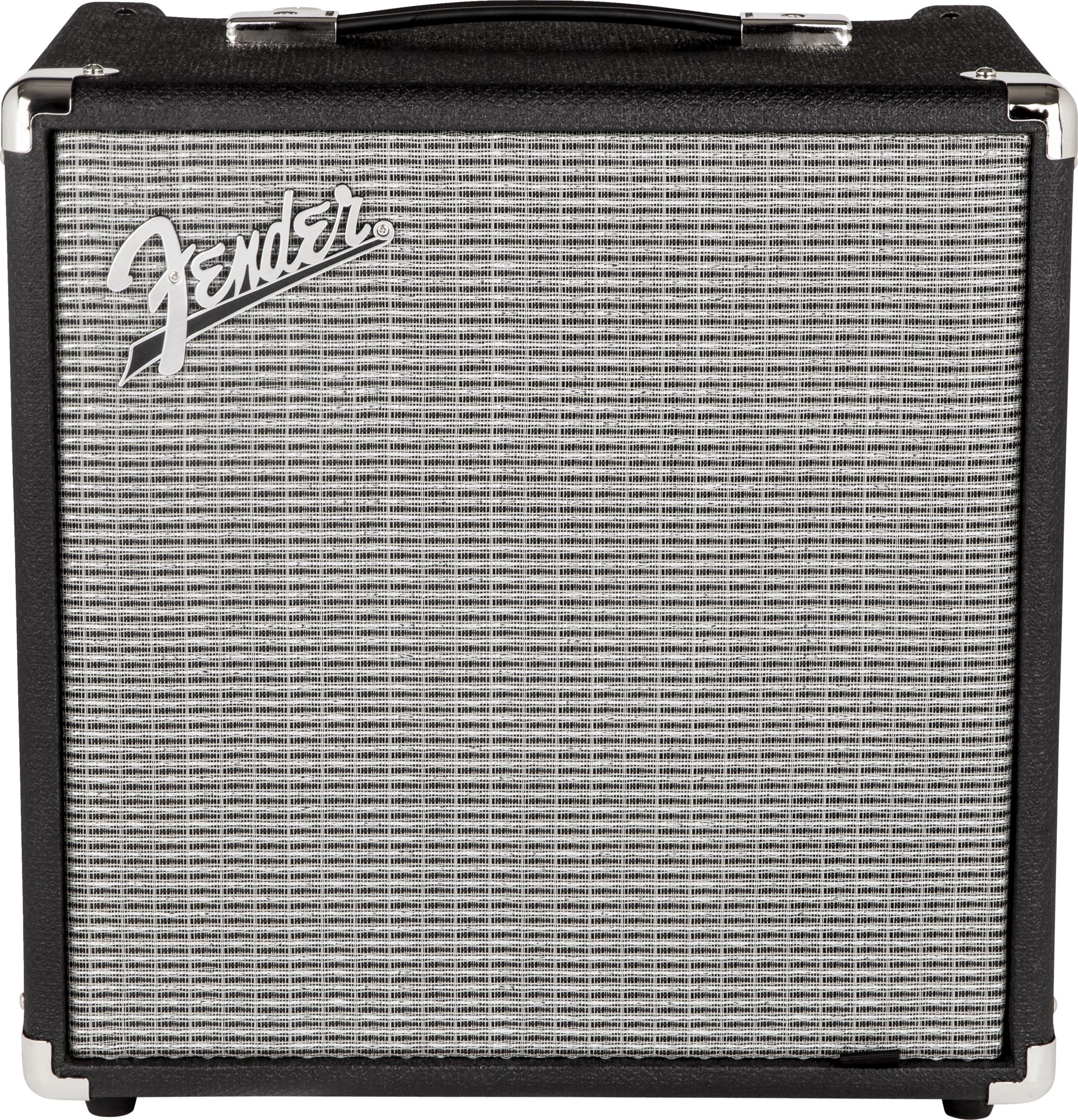 Fender Rumble 25 Bassverstärker, ideal für E-Bass, kraftvoller 25W Sound, kompakt, tragbar, EQ-Regler, Kopfhöreranschluss, Übungsverstärker für Anfänger & Profis, schwarz/silber | Kompakter Bassverstärker, umschaltbarer Overdrive, Mid-Scoop-EQ, leicht, an