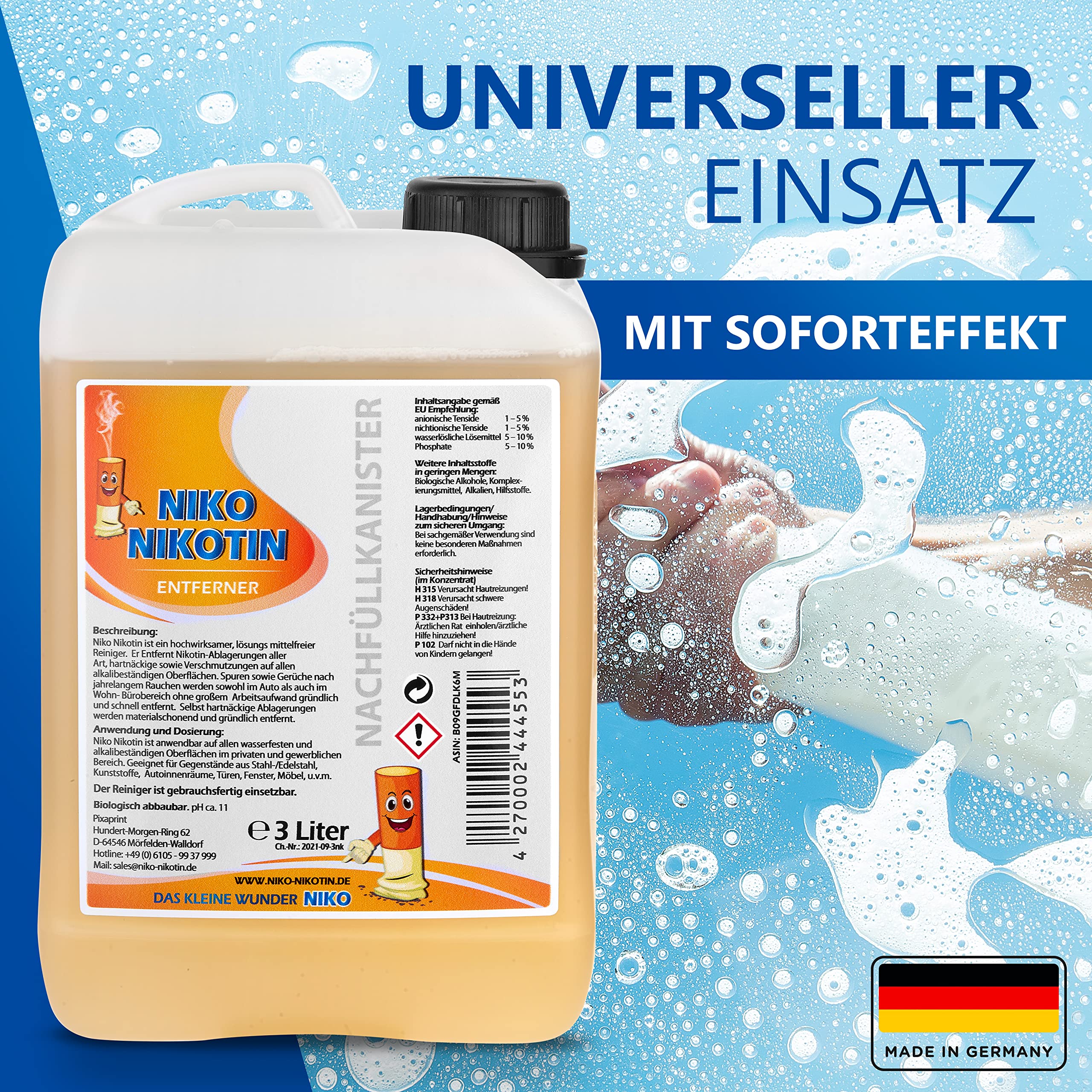 3L Kanister Profi Nikotinentferner inkl. Tuch/Schwamm/Hahn I Kraftvoller Nikotin Entferner Reiniger I auch als effektiver Kunststoffreiniger gegen hartnäckige Vergilbung & Flecken