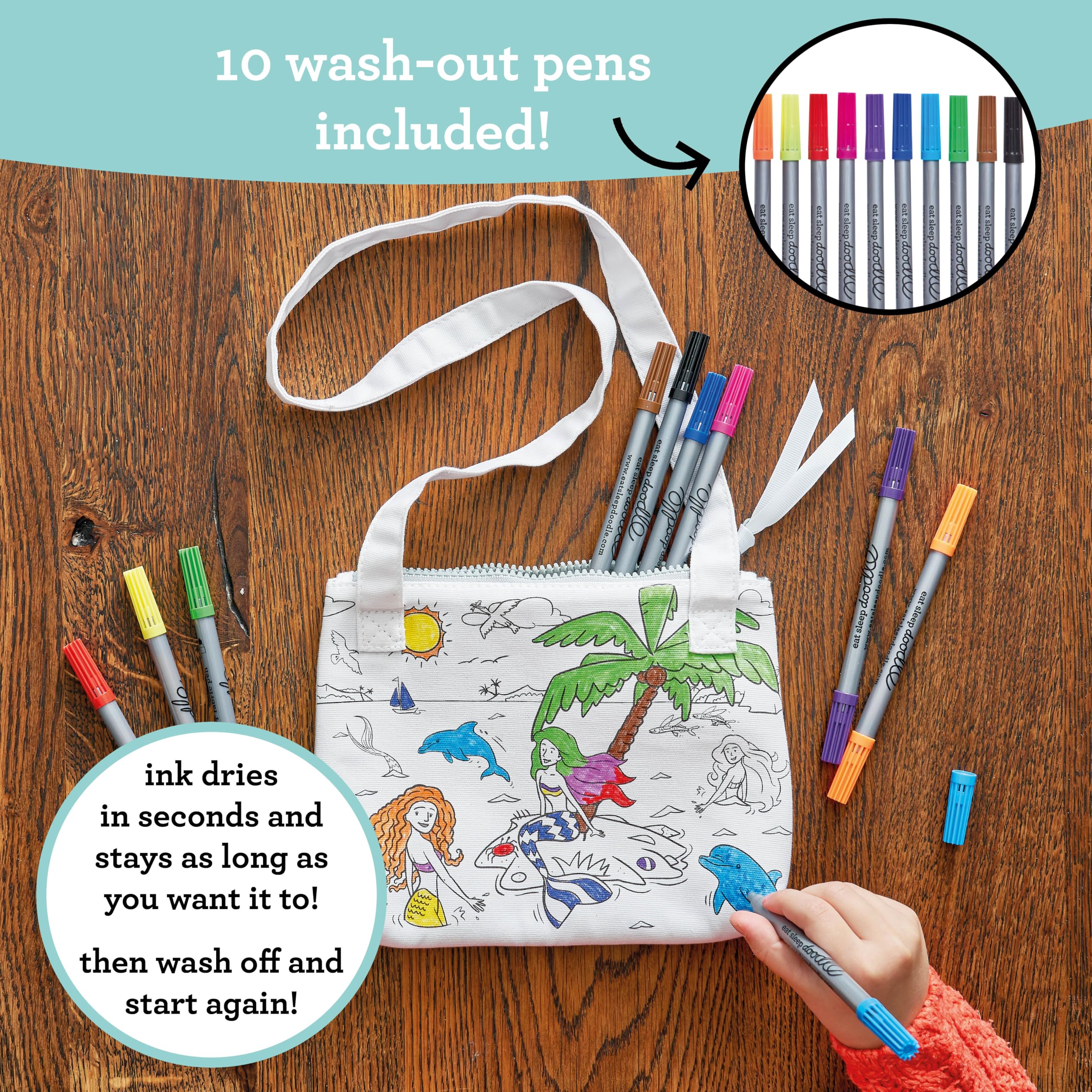 eatsleepdoodle Borsa da colorare bambini con 10 pennarelli lavabili per bambini, borsa da colorare 8,5" x 7"