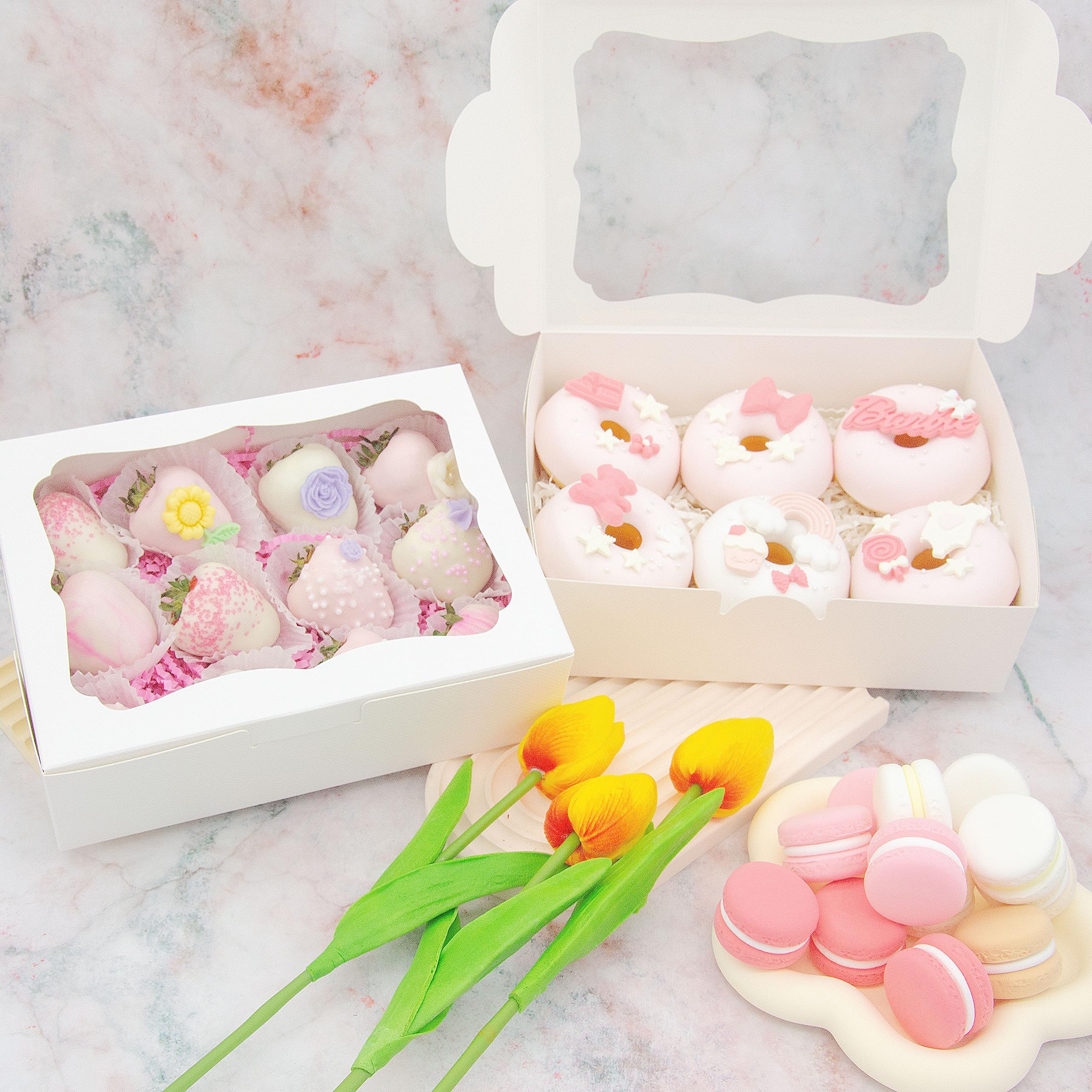 QULIT 50 cajas de panadería blancas de 8 x 6 x 2.5 pulgadas con ventana, cajas de pastelería, cajas de postre para galletas, macarrón, dona, magdalenas de chocolate, fresa y cupcakes