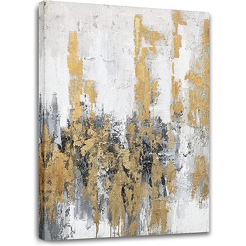 Yihui Arts Modern Abstract Skyline Canvas Wall Artwork with Gold Foil Hand Painted Art Painting Pictures for Living Room Bathroom Home Decoration
