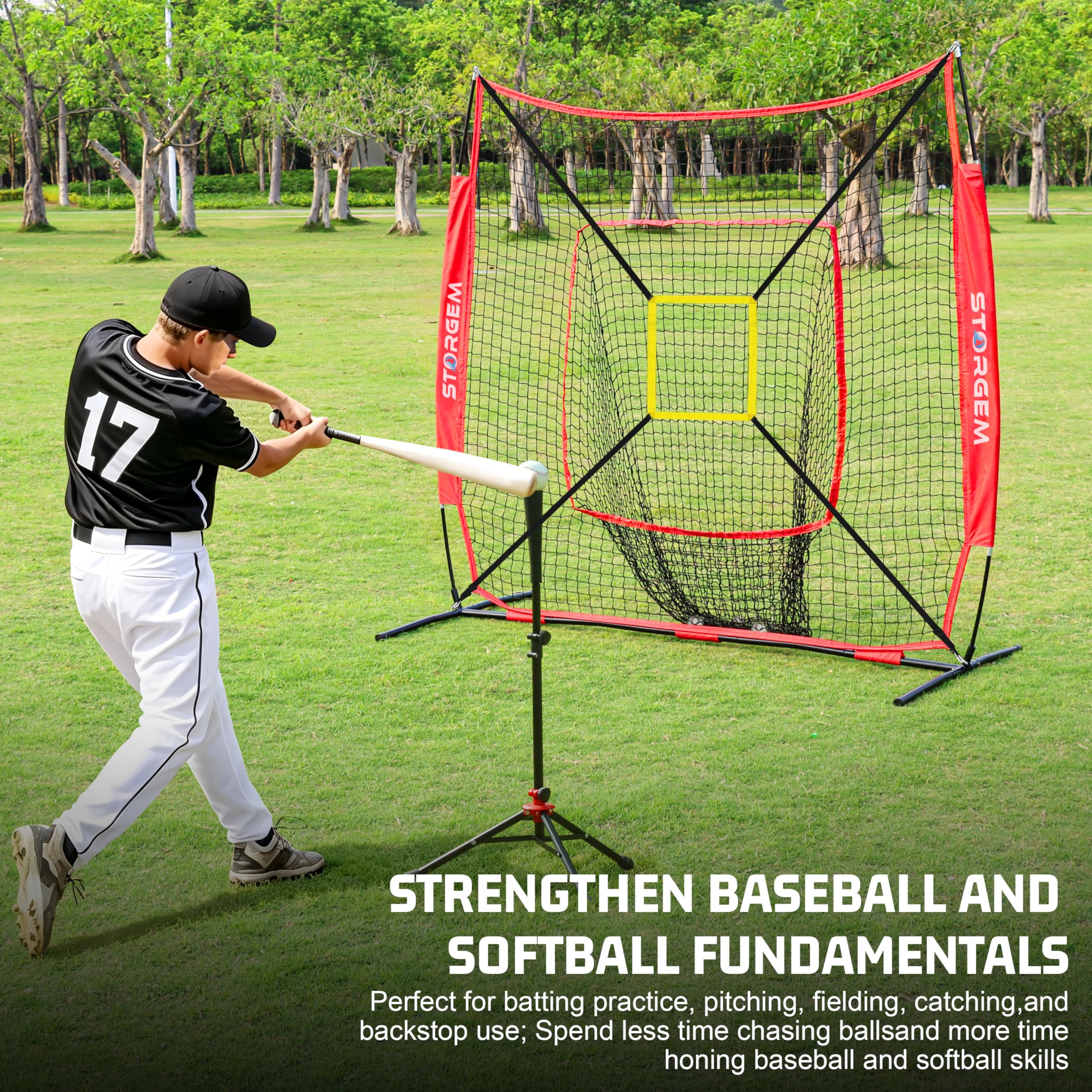 Storgem Red de práctica de béisbol y sóftbol de 7 x 7 pies, red de entrenamiento de bateo portátil de béisbol con camiseta de bateo y zona de golpe y marco de arco y bolsa de transporte