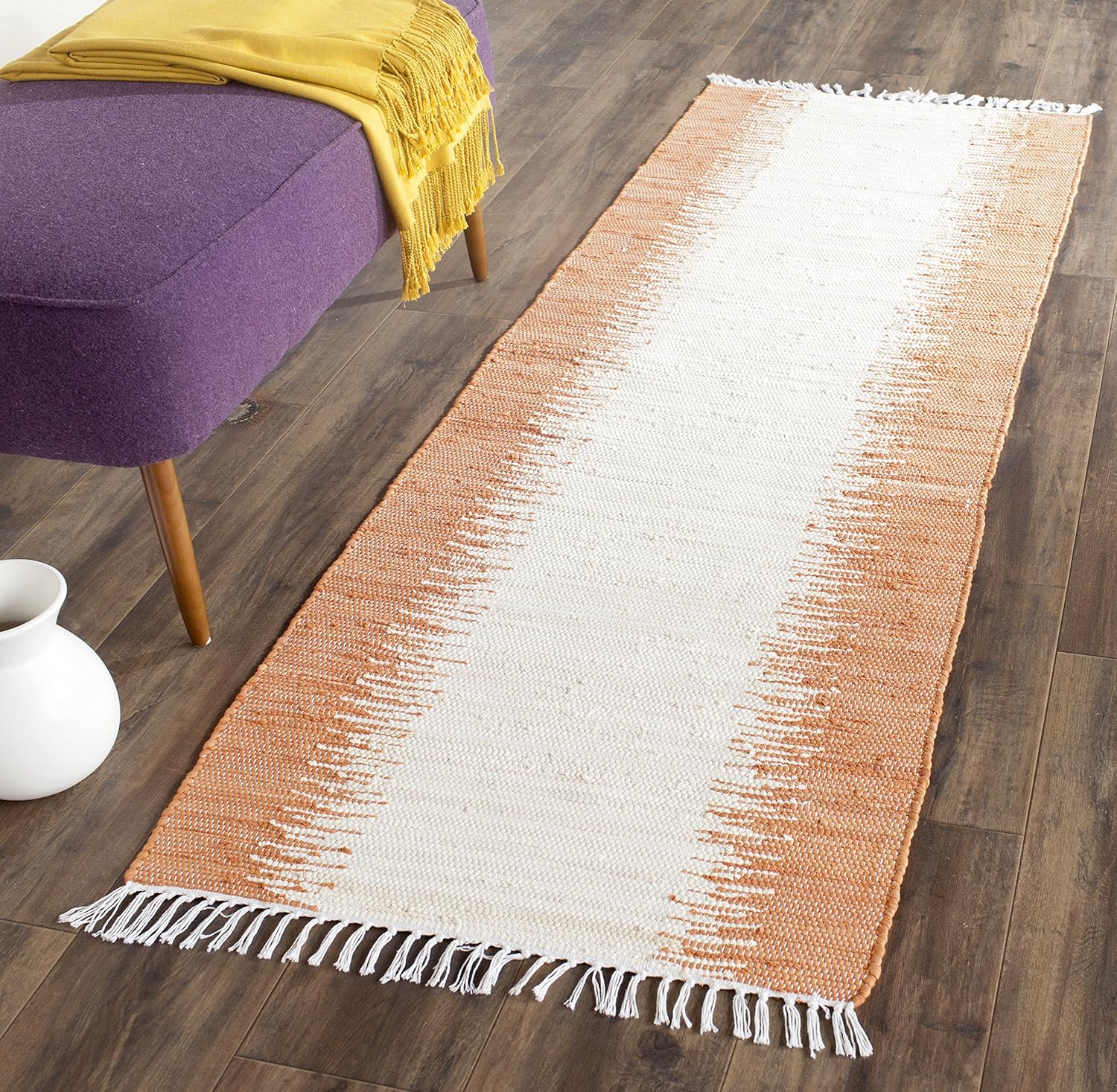SAFAVIEH Montauk Collection Runner Rug - 2'3" x 6', Orange, Handmade Stripe Fringe Cotton, Ideal for High Traffic Areas in Living Room, Bedroom (MTK751C)