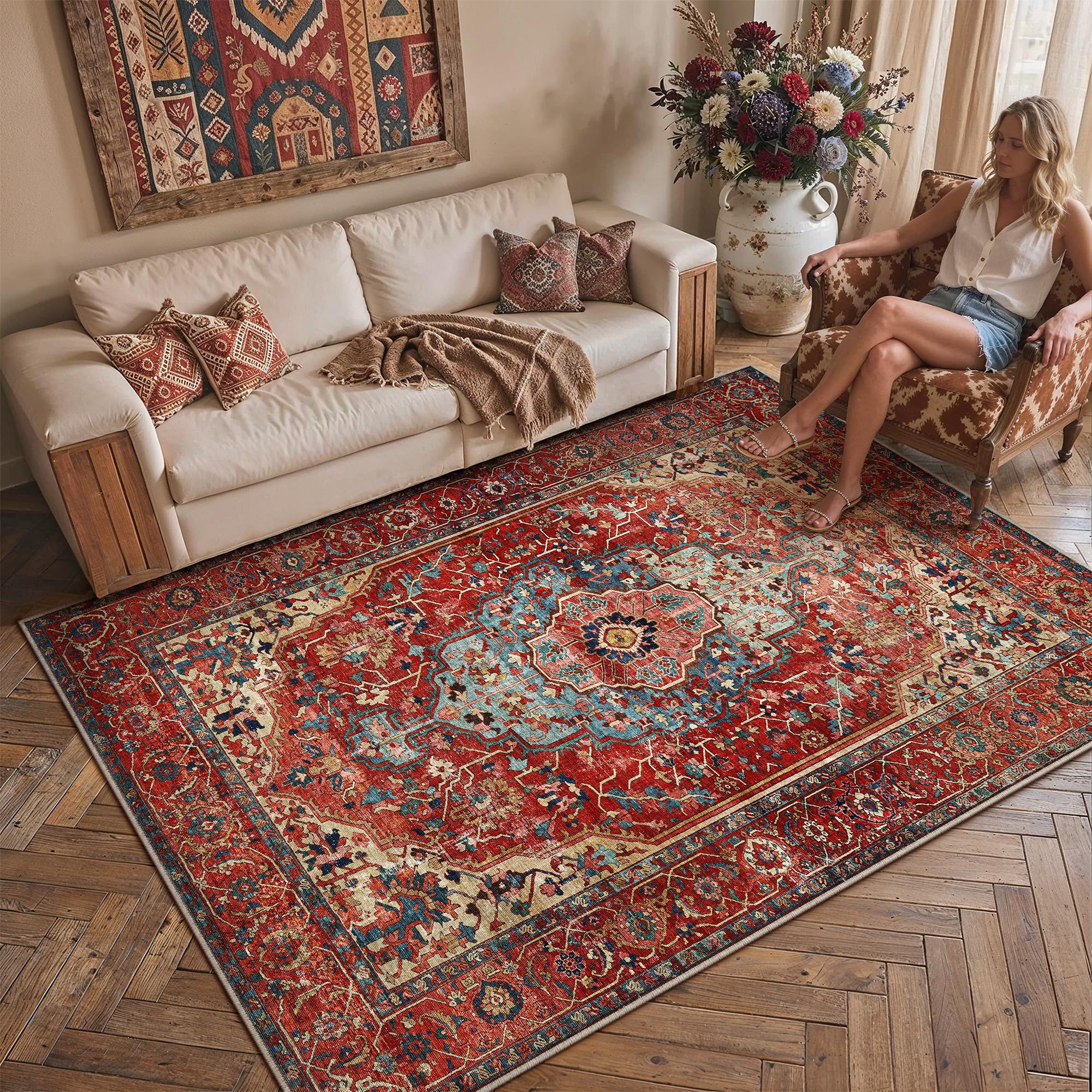 PureCozy Vintage Rugs Living Room Large Washable 120x170cm Non Slip Red Area Rug Boho Carpet for Kids Bedroom Bedside Nursery Playroom Lounge Office Traditional Carpets Low Pile Mat — image 1