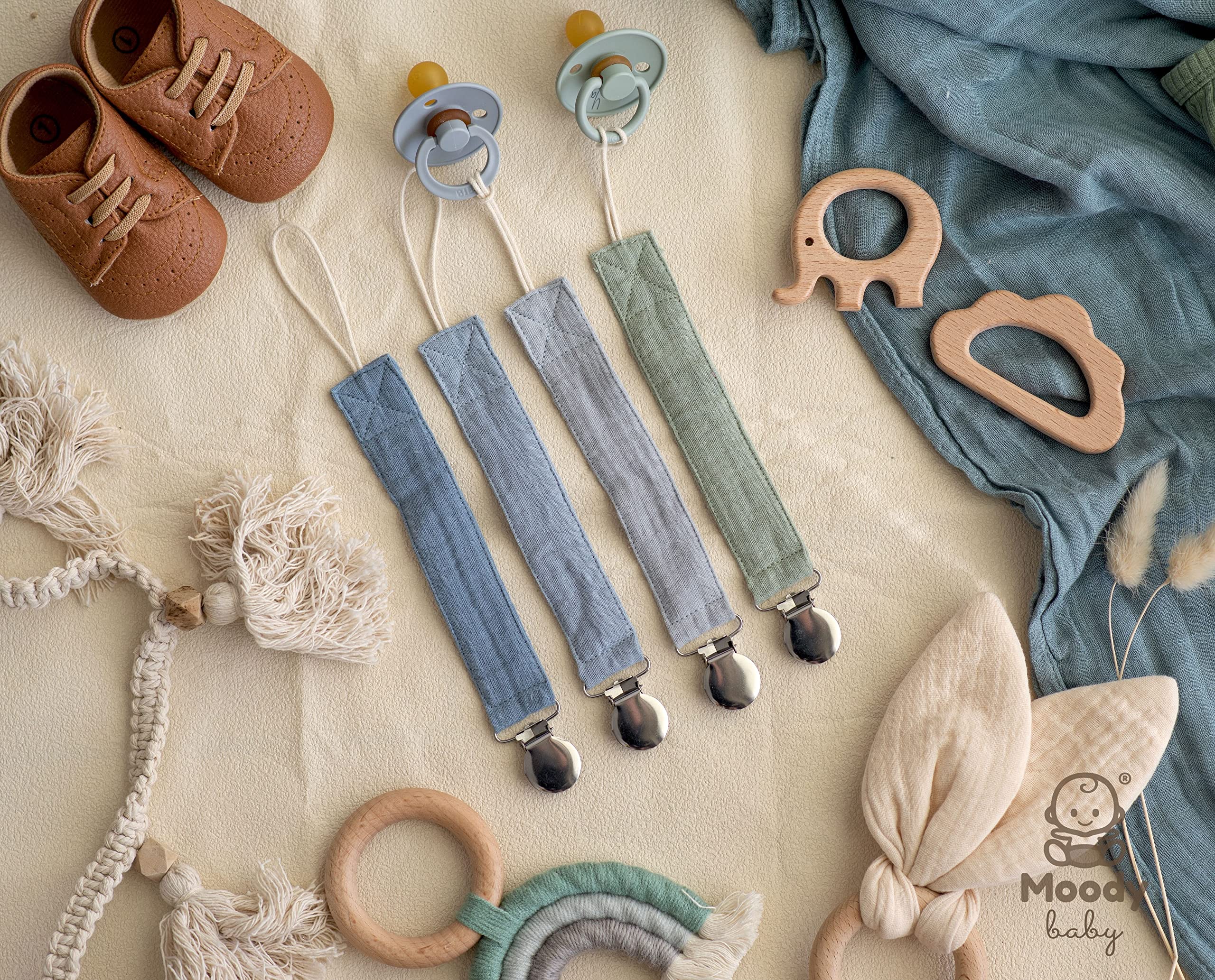 MoodyBaby® Soft Organic Muslin Cotton Fabric Dummy Clips, Handmade Pacifier Clip Chain for Babies Newborns Girls Boys - Image 4