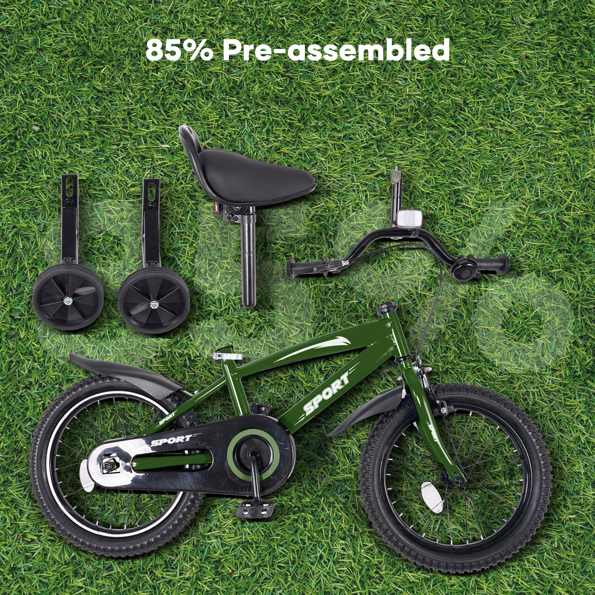 BODIOO Bicicleta Infantil de 12 Pulgadas con Asiento Ajustable, Frenos duales, Ruedas estabilizadoras, Reflector y Guardabarros, Adecuada para Conductores de 84 a 97 cm