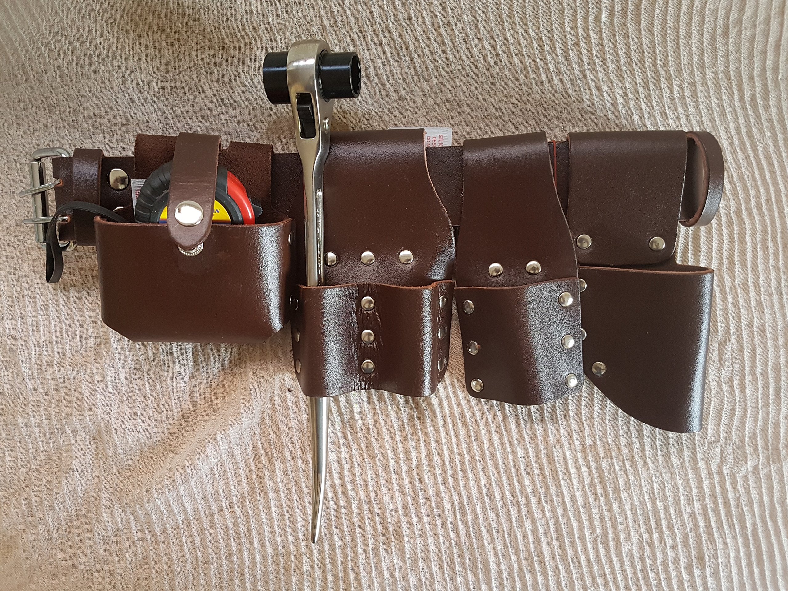 Bbi Ltd Brown Scaffolding Leather Bbi Tool Work Belt With Tool Set Spanner Ratchet Level Tapepouch/Pockets/Frog (Belt 1921 Ratchet Tape)