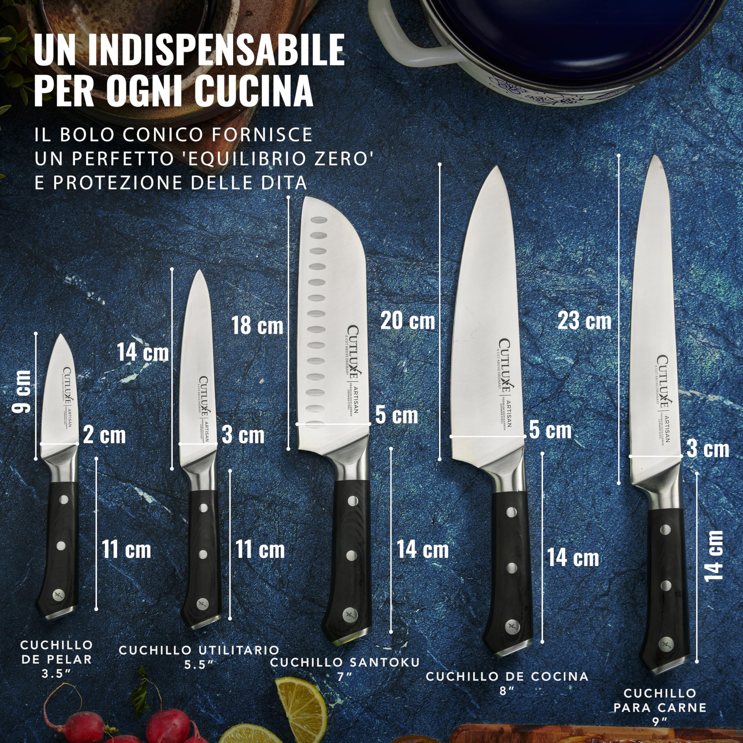 Cutluxe Juego 5 Cuchillos de Cocina – Acero Alemán, Filo de Navaja | Incluye chef, santoku, utilitario, trinchar y pelar; espiga completa y mango ergonómico