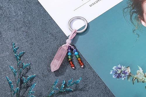 Miniatura 3 de MANIFO Llavero de cristal natural con 7 chakras de piedras preciosas curativas de punta hexagonal para mujeres y hombres, Rosa Cuarzo