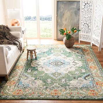 SAFAVIEH Monaco Collection Area Rug - 8 x 10, Forest Green & Light Blue, Non-Shedding & Easy to Clean, Distressed Medallion Design, Ideal for Living Room, Bedroom, Dining Space MNC243F