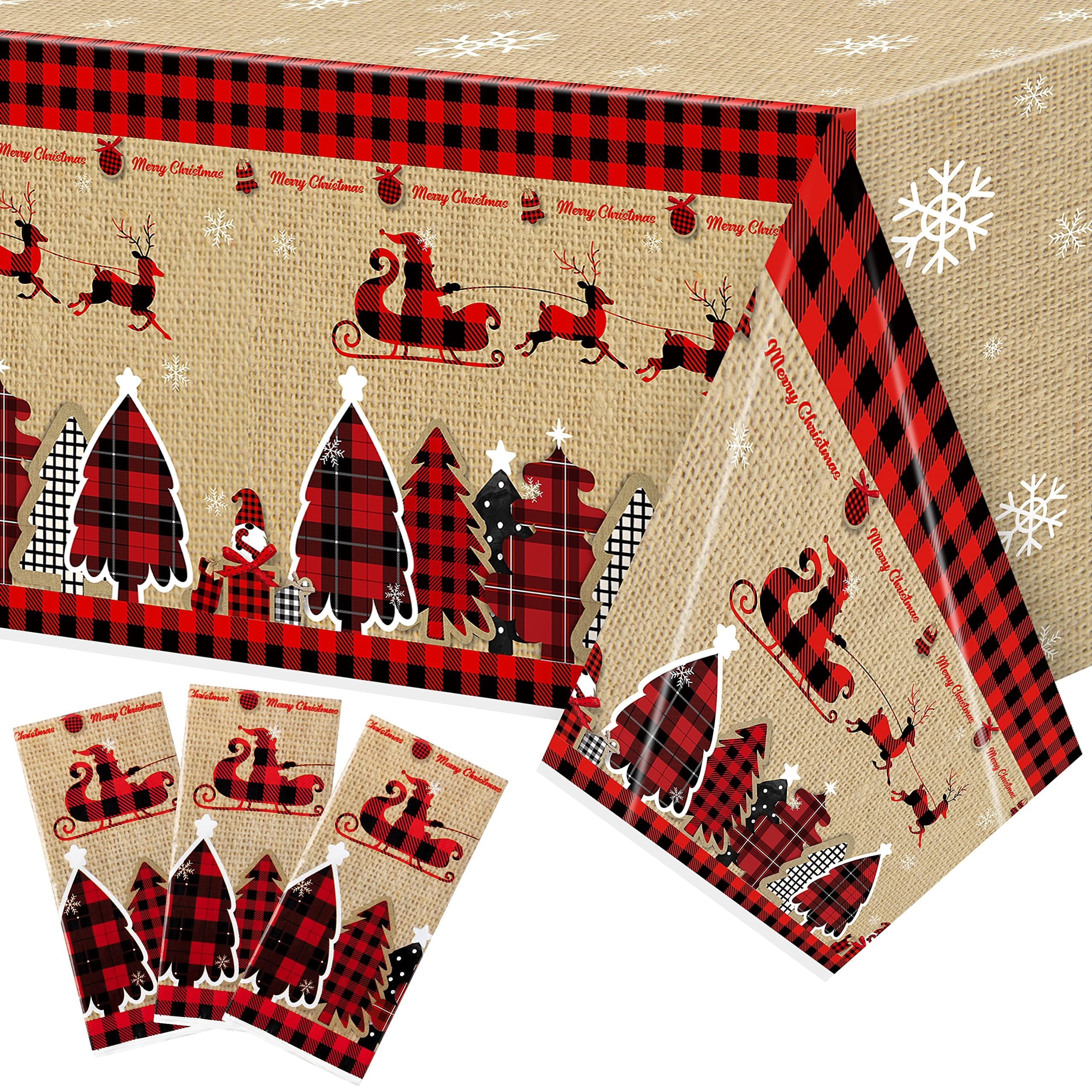 Christmas Plastic Table Cover - 3 Pack Merry Christmas Buffalo Plaid Disposable Waterproof Plastic Rectangle Xmas Table Cloth Winter Holiday Party Picnic Decoration Supplies Indoor Outdoor
