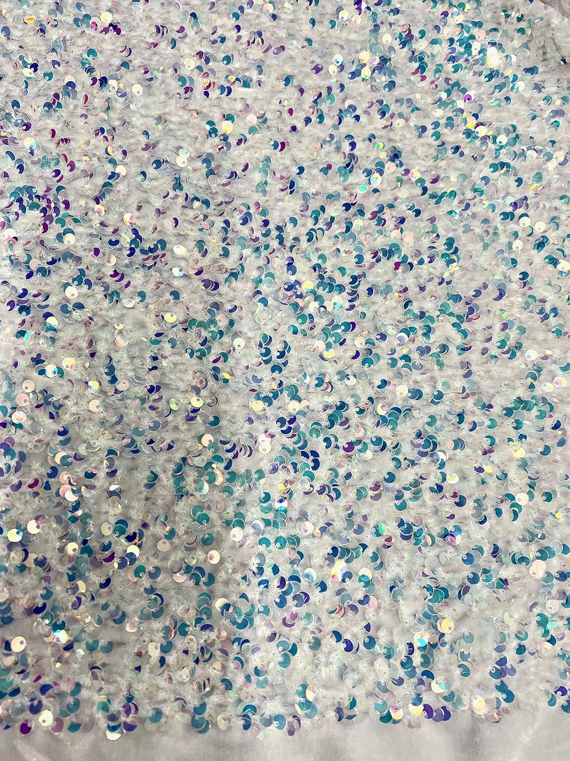 Stephanie Silver Iridescent Overlap Sequins on White Stretch Velvet Fabric by The Yard for Gowns, Apparel, Costumes, Crafts - 10185 Half Yard (56x18'')