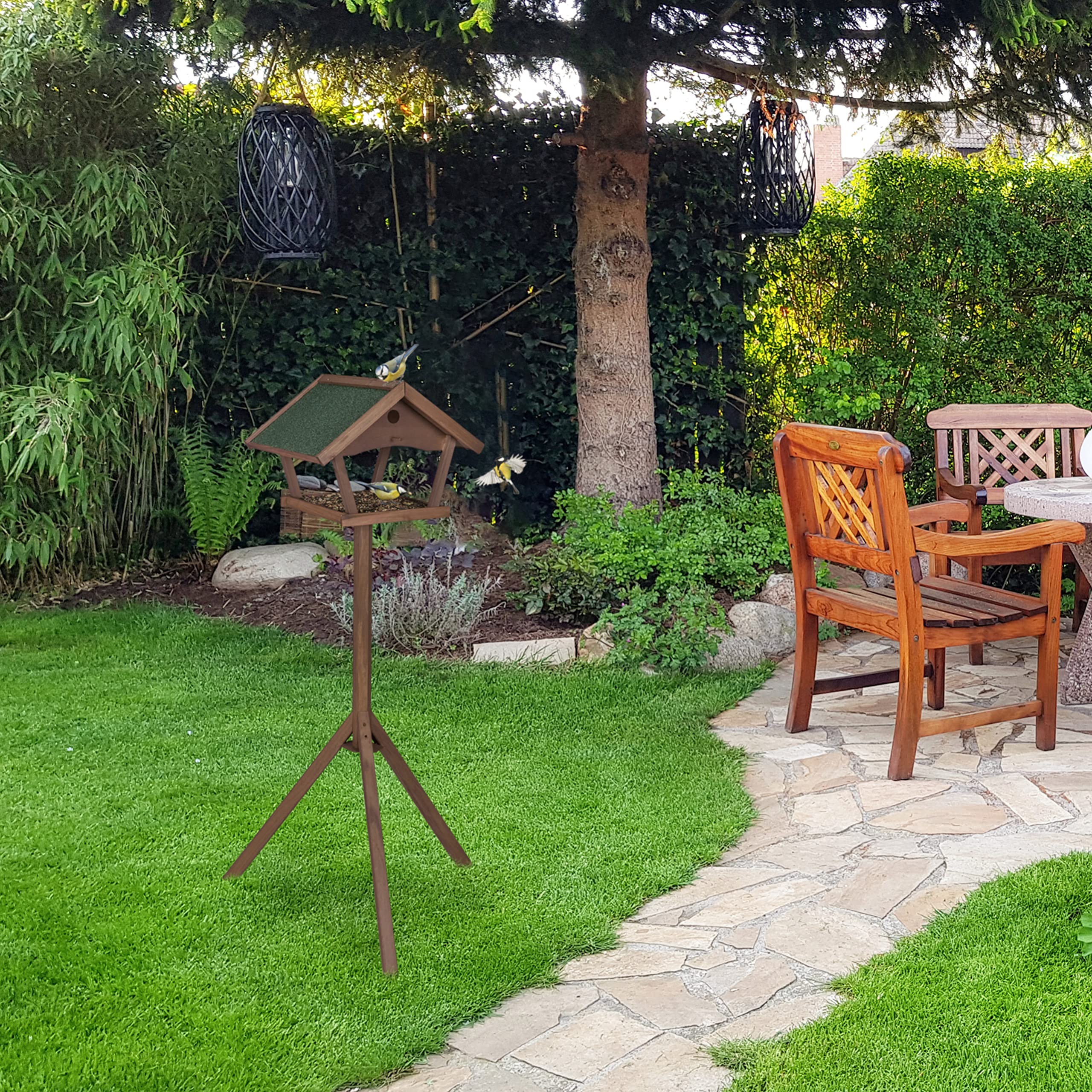 Relaxdays Mangiatoia per Uccelli con Treppiede, Casa con Tetto, Resistente alle Intemperie, 139x70x60 cm, Marrone/Verde