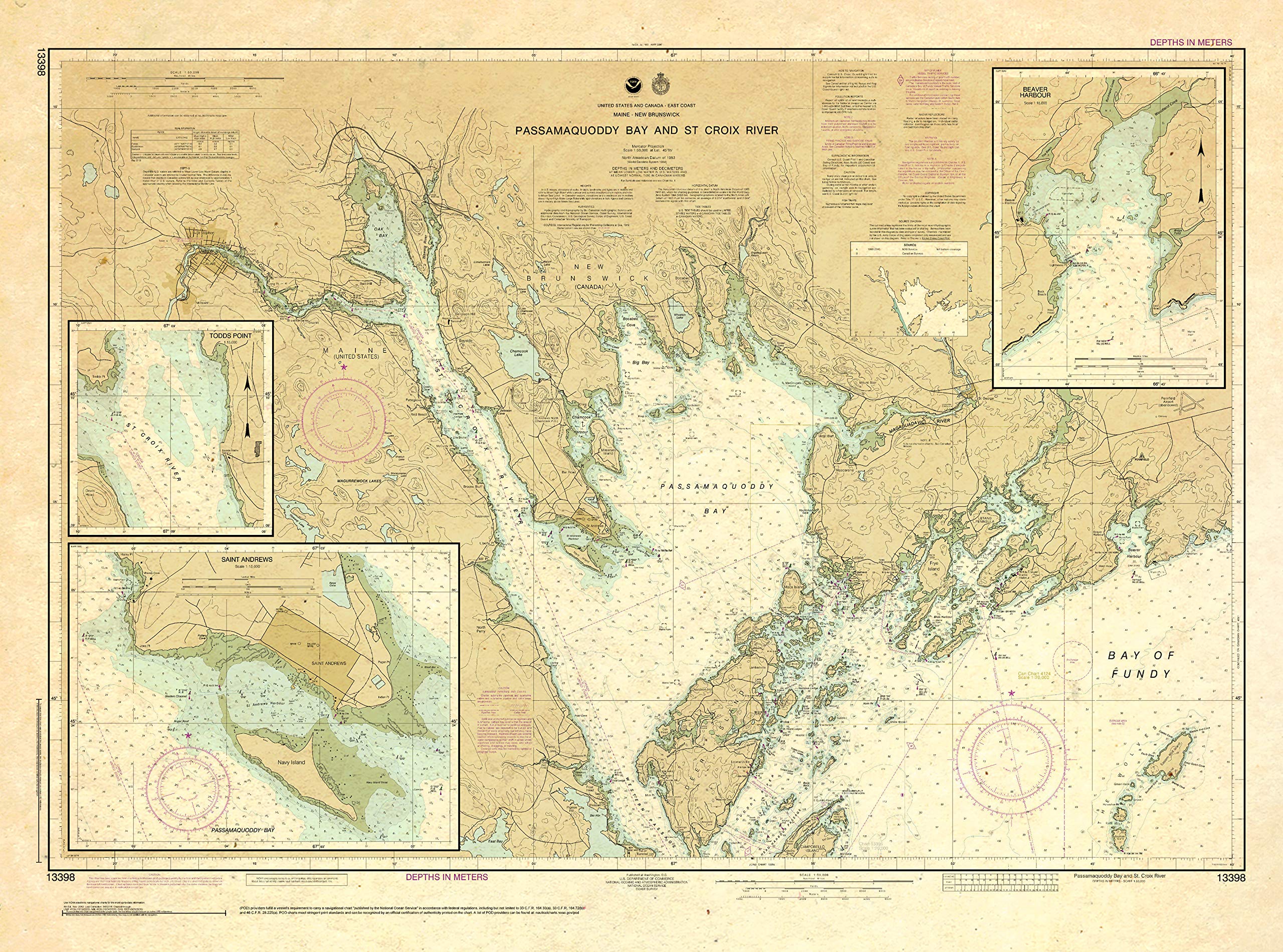Paradise Cay Publications, Inc. Antiqued NOAA Chart 13398: Passamaquoddy Bay and St. Croix River; Beaver Harbor; Saint Andrews