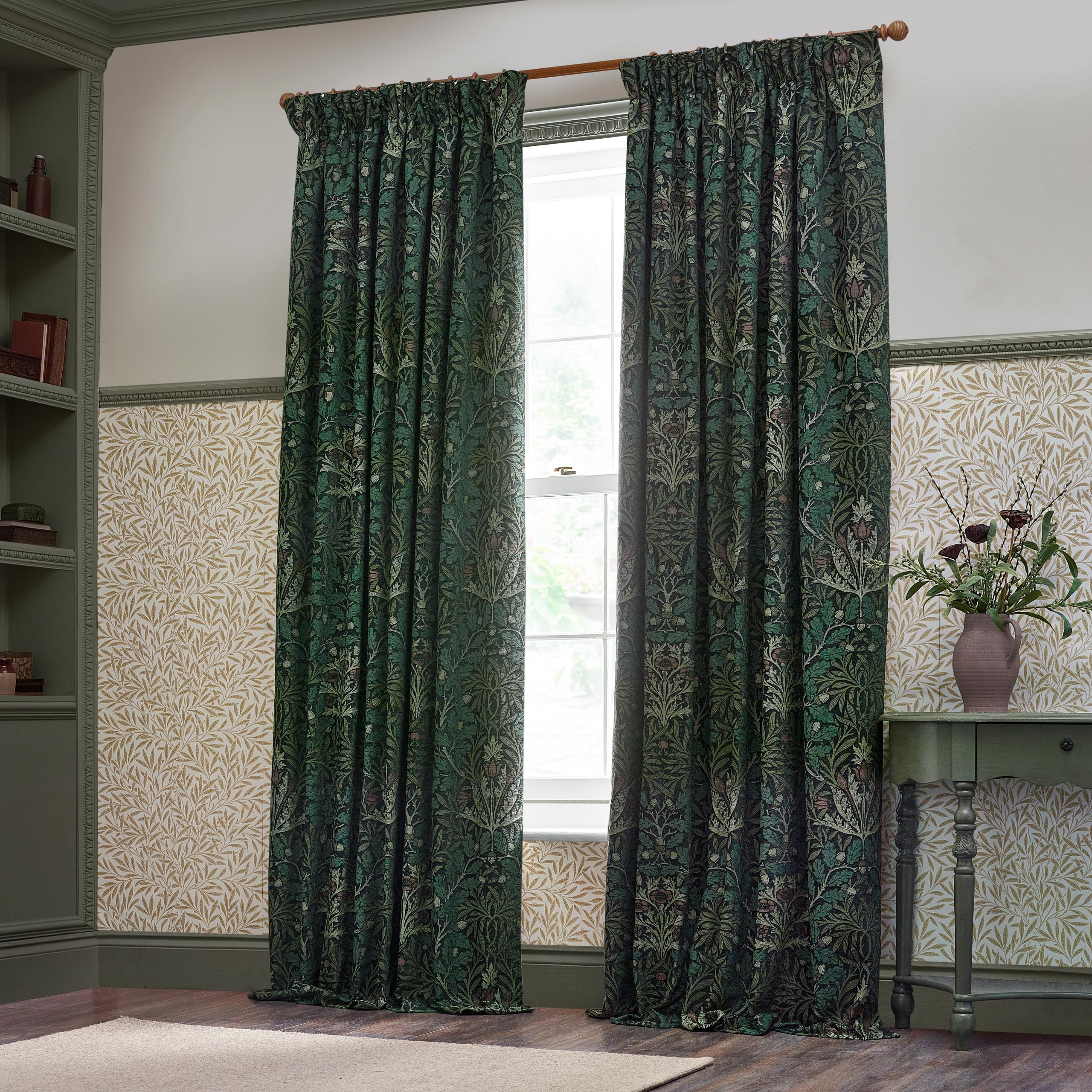 Morris And Co Acorn Multi Fully Lined Floral Jacquard Pencil Ple Thyme/Forest 229X183cm