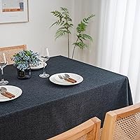 Vista 2 de Mantel de lino rectangular, tela 100% reciclada, lavable para mesa de comedor, fiestas de bufé y campamento, 60 x 84 pulgadas, color negro