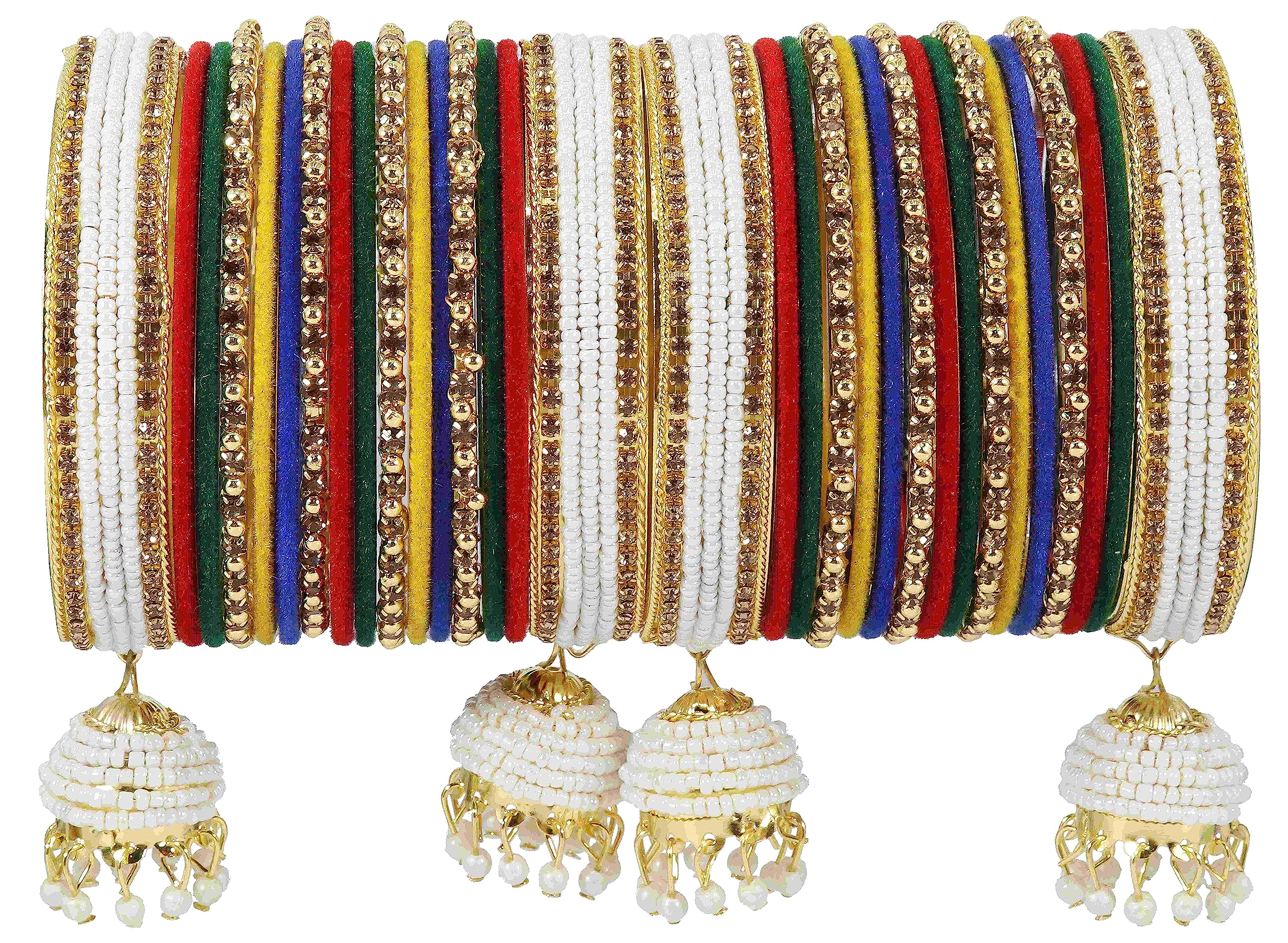 Latest Alloy Metal with Zircon Gemstone, Pearls and Velvet Latkan Bangles Set For Girls and Women | Traditional Jewelry | Bangle Set For Women, Wedding, Everyone - Set Of 32